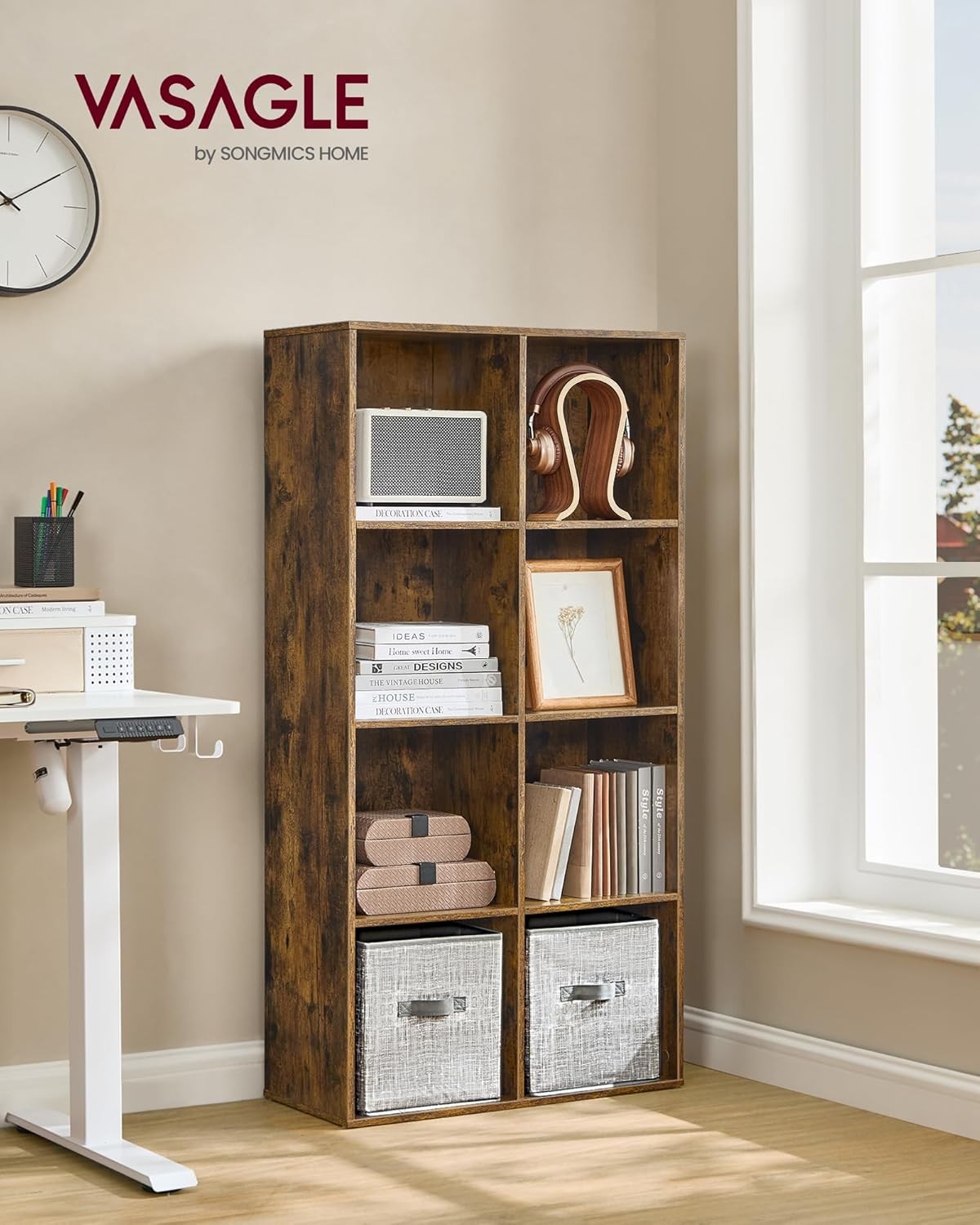 8-Cube Rustic Bookcase | Tall Storage Shelf for Living Room Office Bedroom