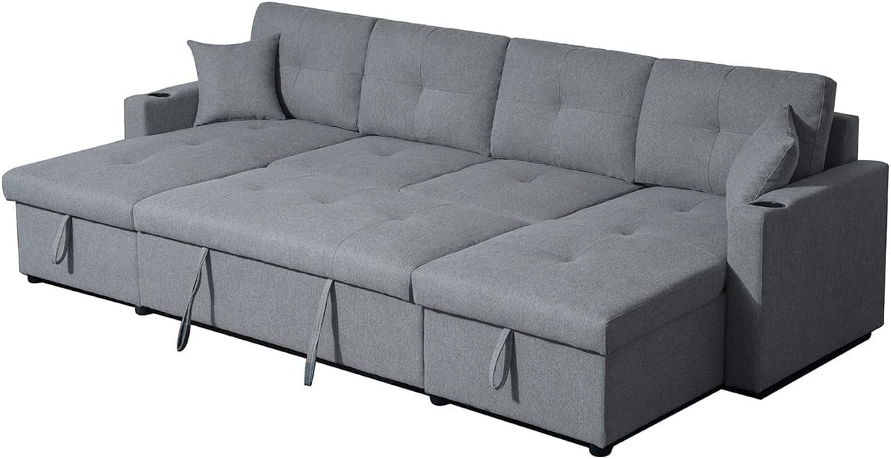 Grey Fabric U-Shaped 4 Seater Sofa Bed with Storage & Pull-Out Suite