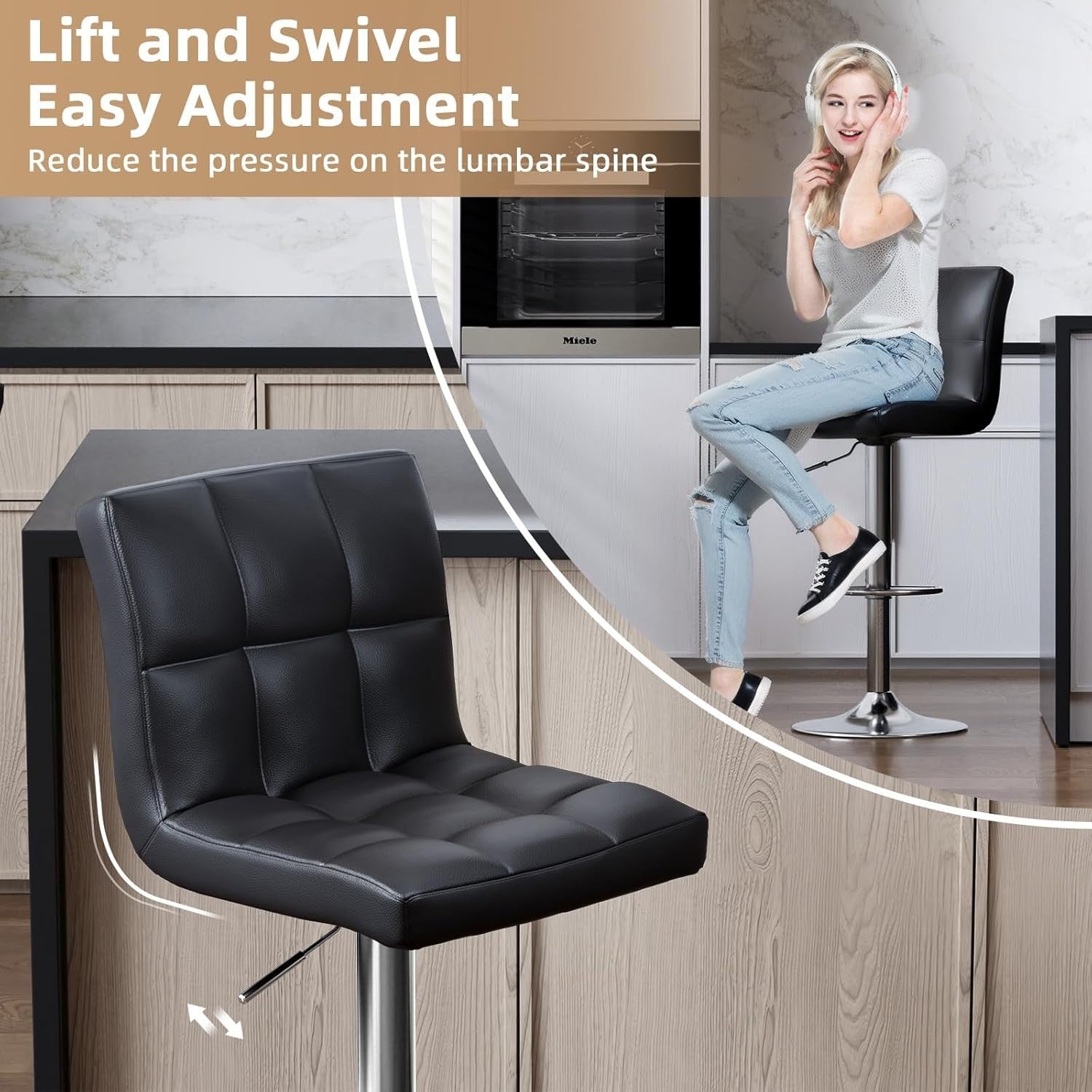 Adjustable Swivel Bar Stools Set of 2 Faux Leather Counter Chairs Black