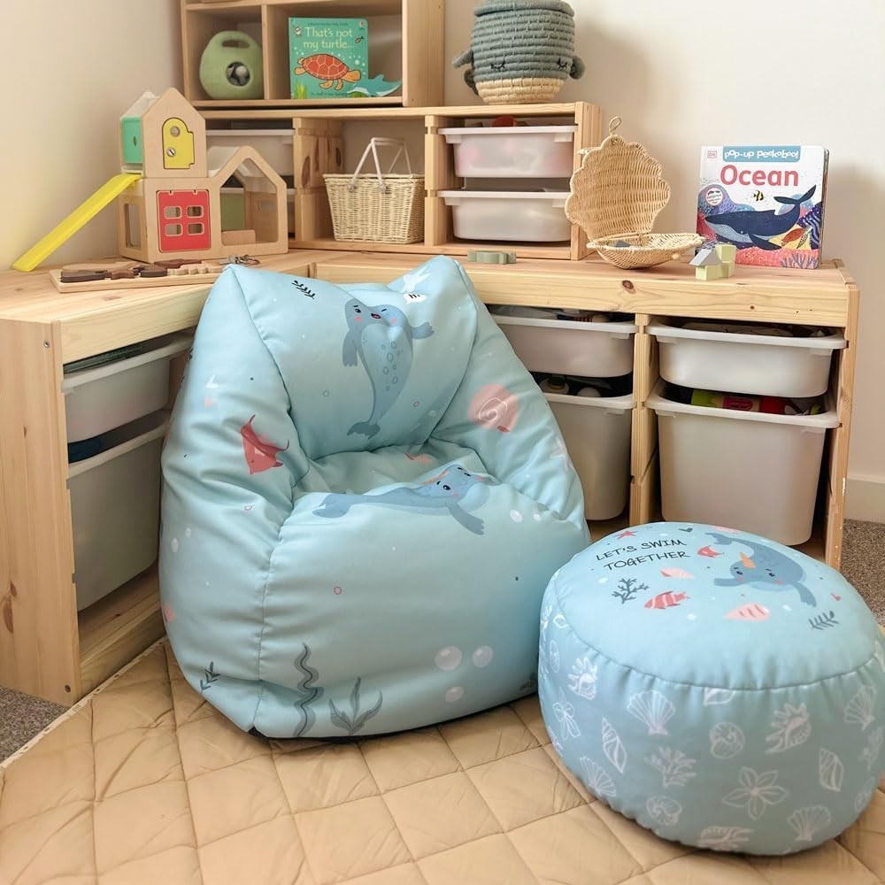 Kids Sea Print Bean Bag Chair Set – Toddler Armchair & Footstool Filled