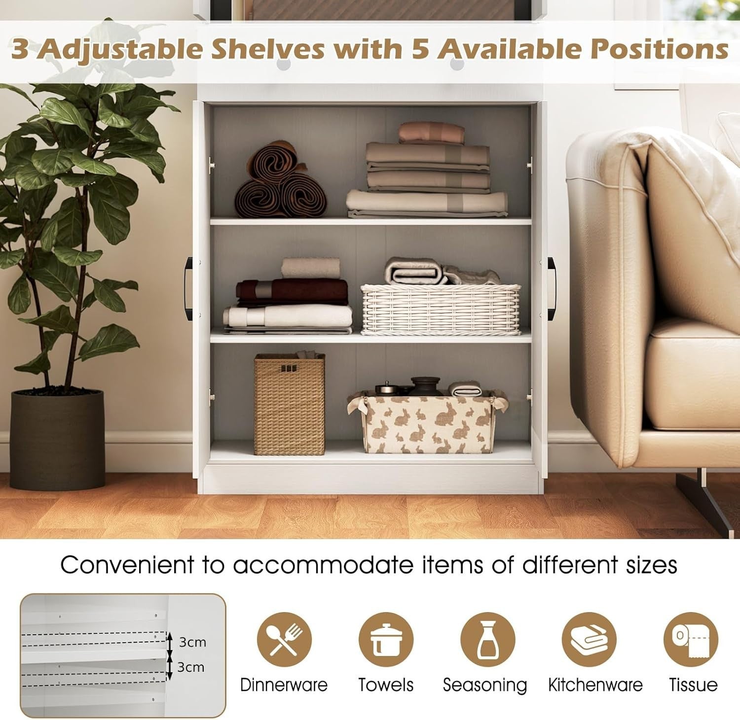 183cm Tall Kitchen Cupboard White 6-Tier Adjustable Shelves Drawer Storage