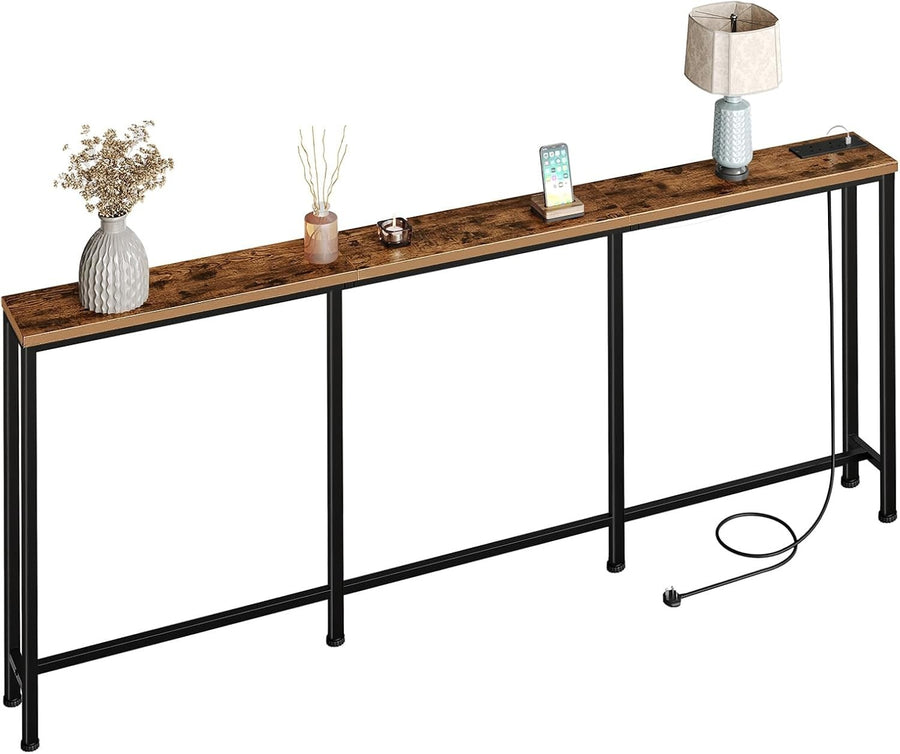 Slim Rustic Console Table with Power Outlet & USB Ports, 200x18x82cm