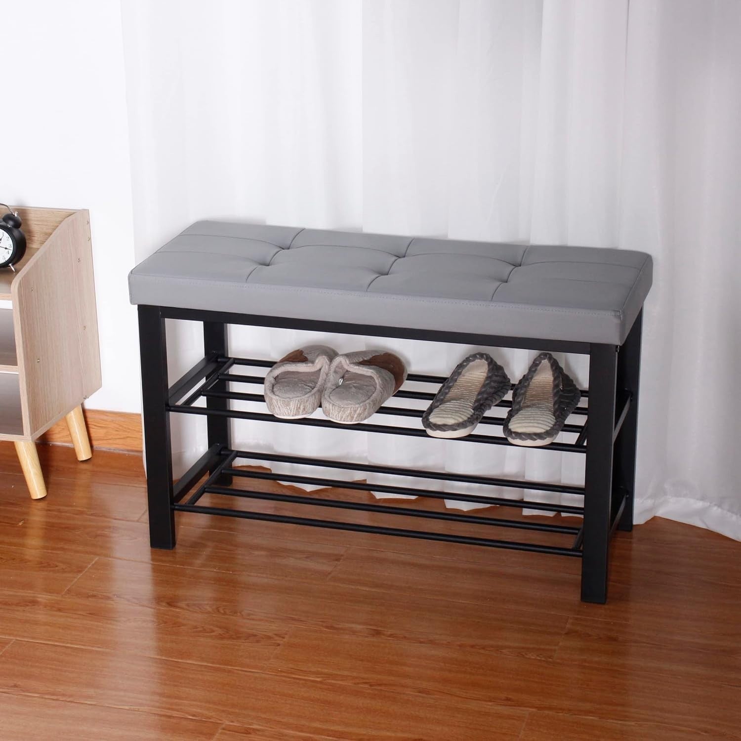 3 Tier Shoe Rack Bench with Silver Leather Tufted Seat Storage Organiser