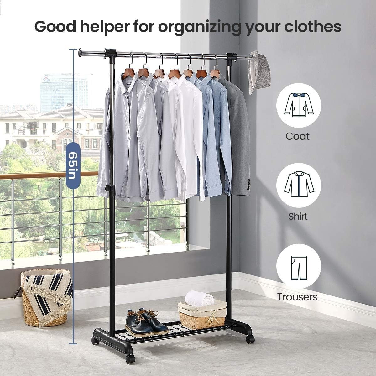 Heavy Duty Adjustable Clothes Rail with Wheels & Shelf – Chrome