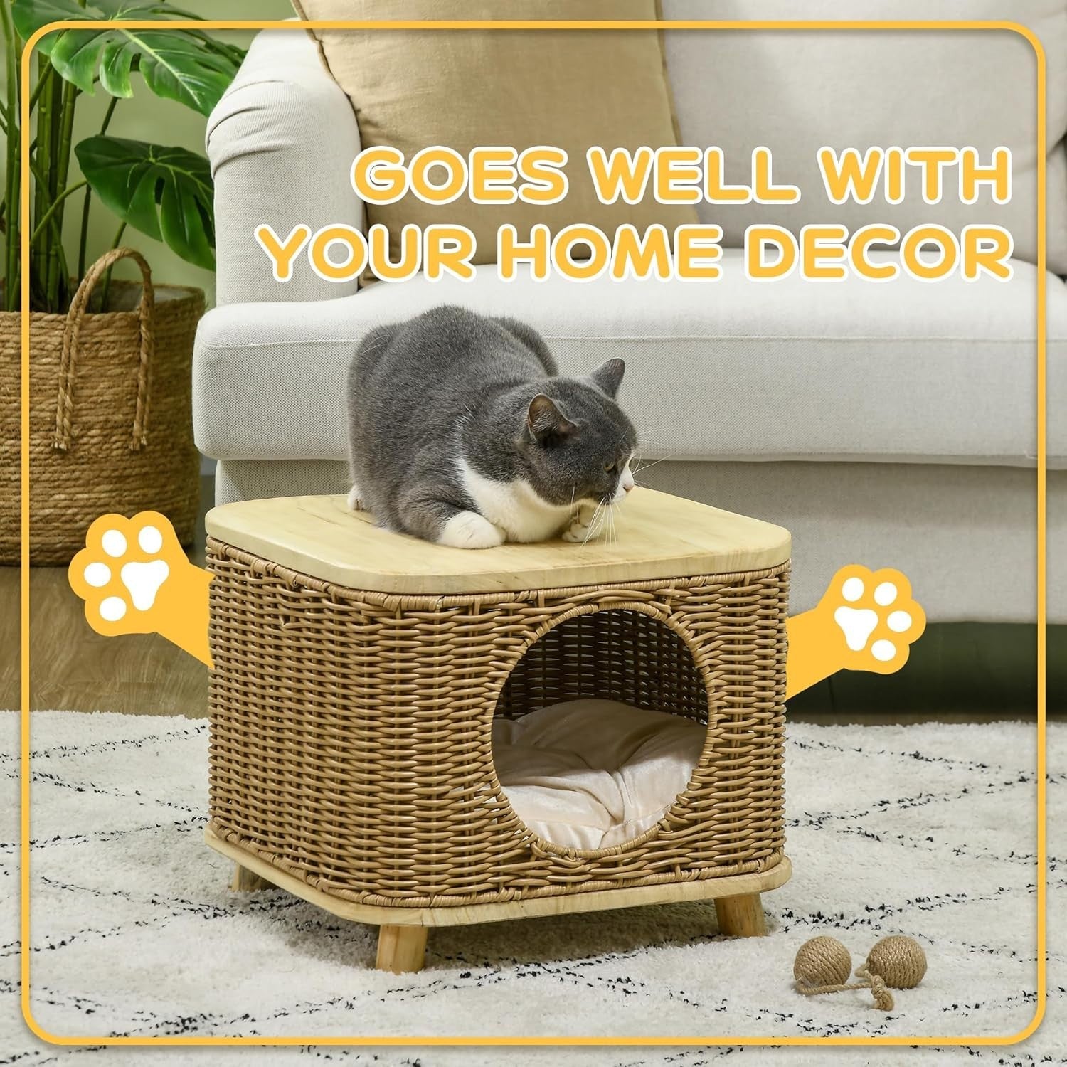 Elevated Wicker Cat House Washable Cushion Indoor Cat Cave Bed