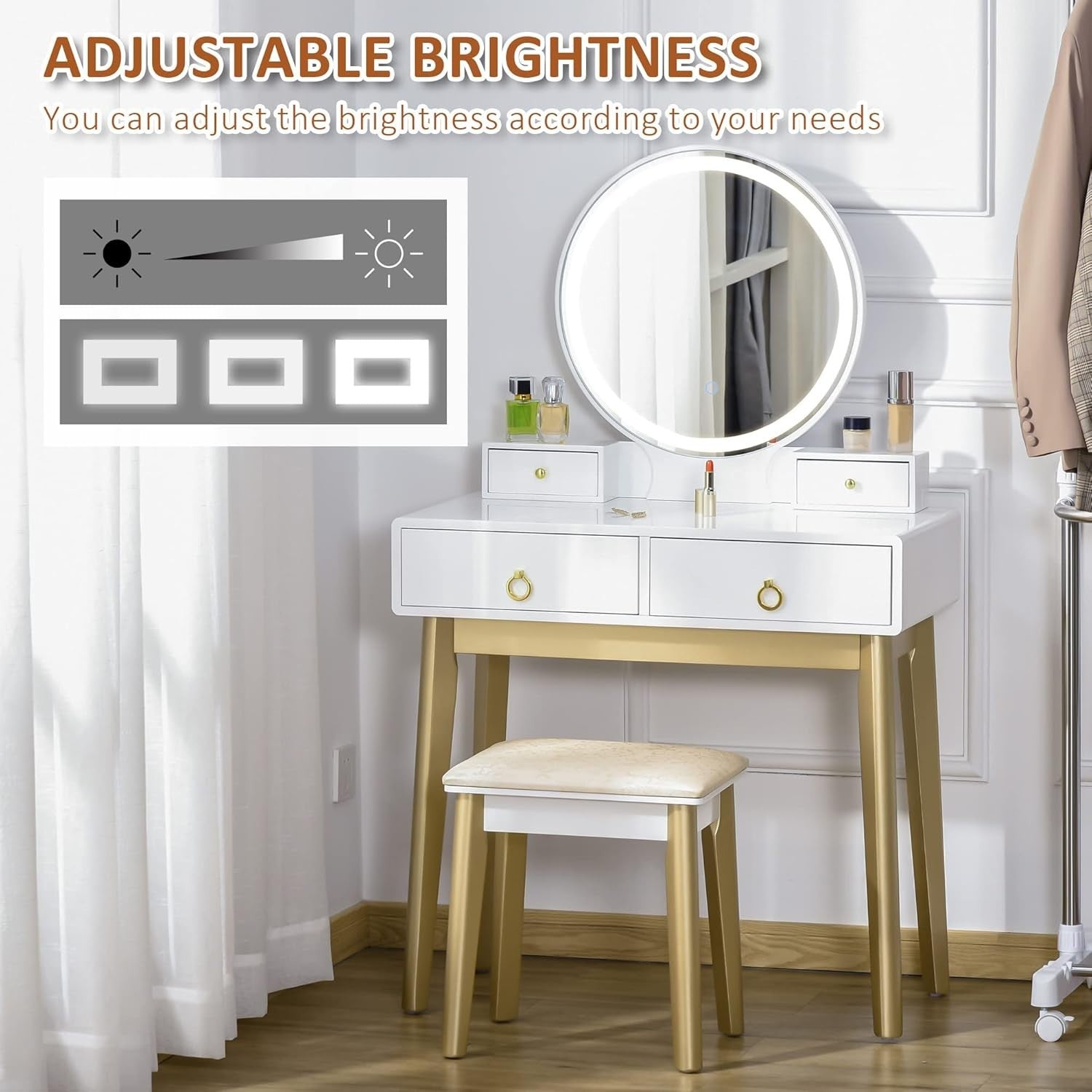 White Dressing Table LED Mirror Vanity Makeup Desk Stool 4 Drawers Set Modern