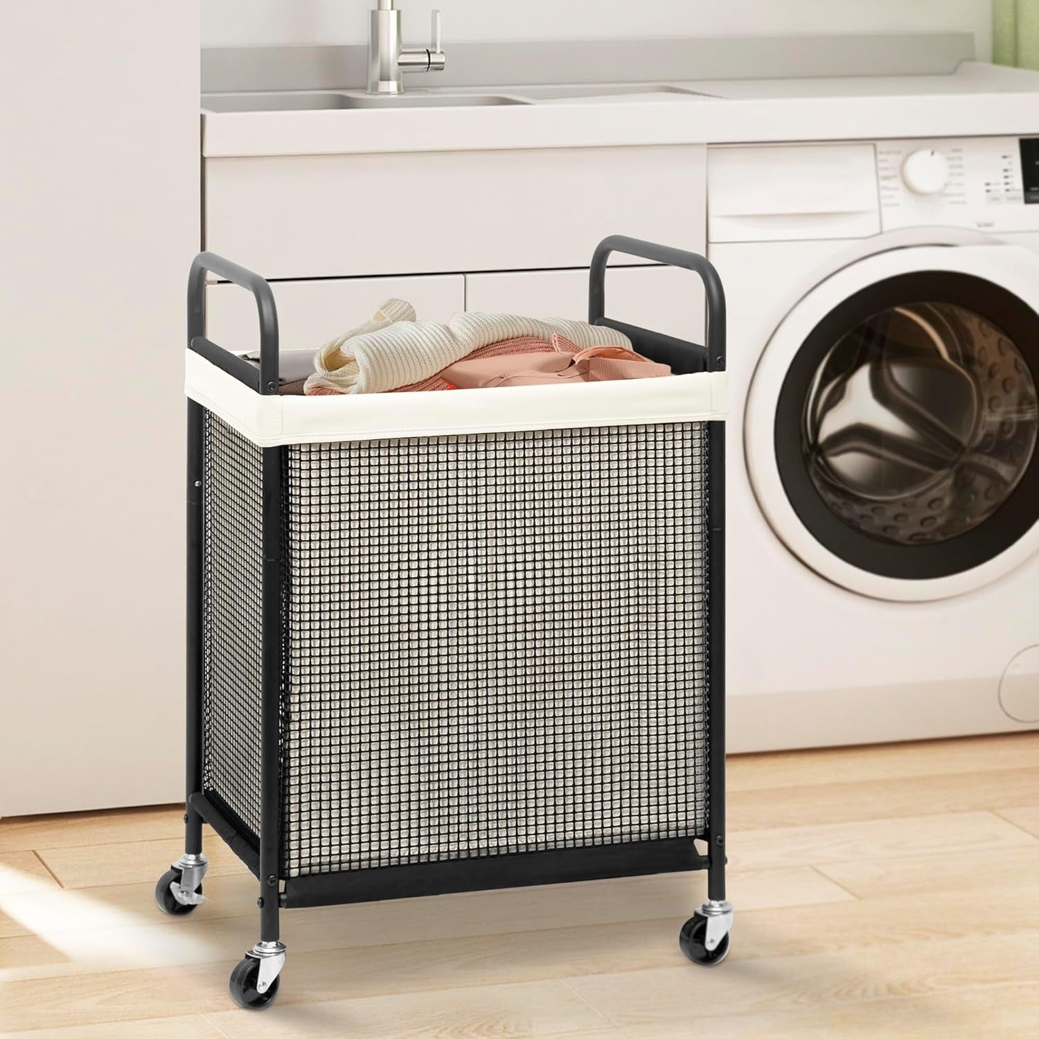 90L Rolling Laundry Hamper with Wheels | Removable Liner | Beige Laundry Cart
