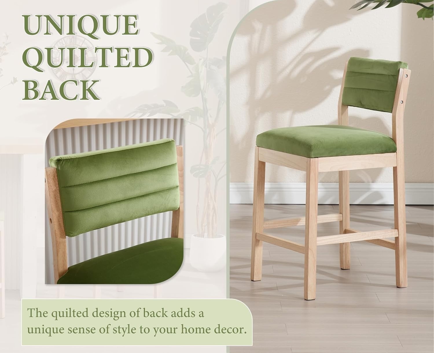 Retro Green Velvet Bar Stools Set of 2 – Wooden Leg Counter Chairs