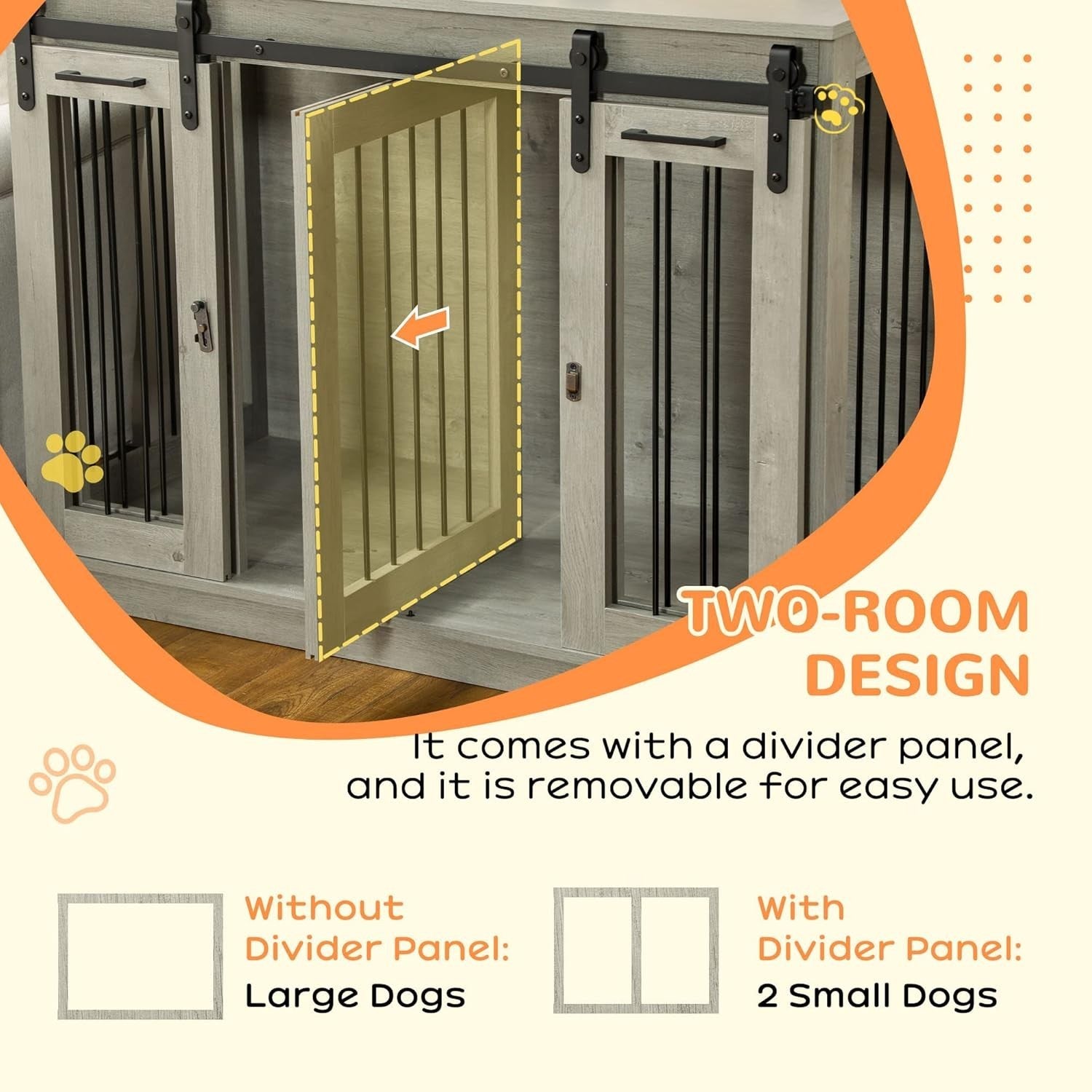 Large Grey Dog Crate Furniture with Divider, Sliding Doors & Side Table 120x60x8