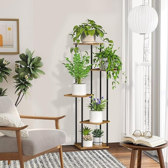 5 Tier Tall Metal & Wood Plant Stand Indoor Outdoor Multi-Shelf Flower Rack