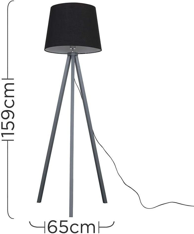 Grey Wooden Tripod Floor Lamp Black Tapered Shade Living Room Light