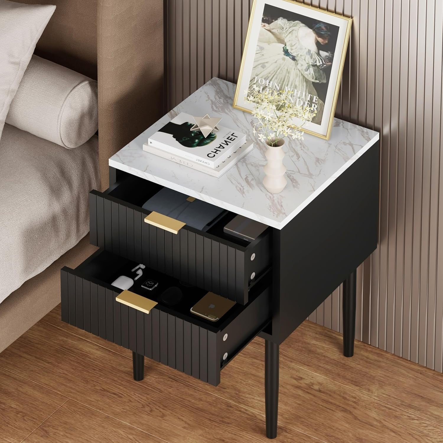 Set of 2 Marble Top Bedside Tables | Modern Black Nightstands with 2 Drawers