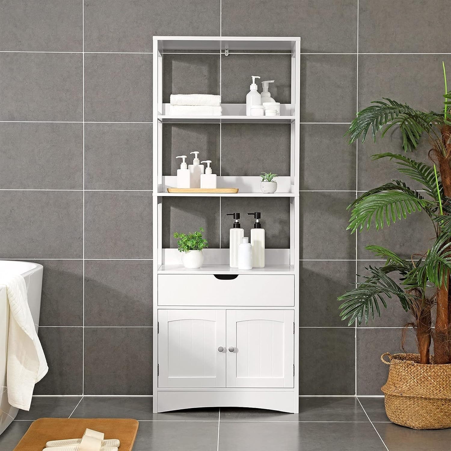 Tall Bathroom Storage Cabinet White 3 Shelf 1 Drawer Cupboard Freestanding Unit