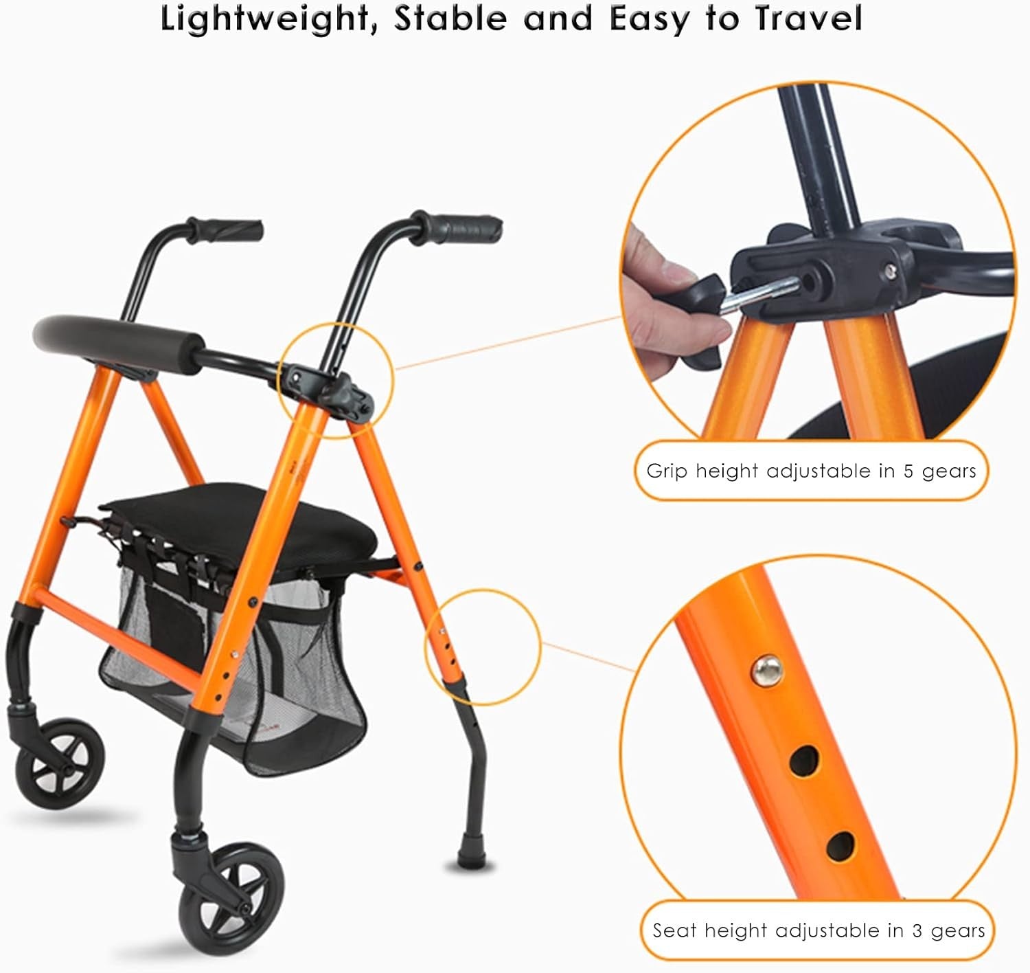 Folding Rollator Walker with Seat Lightweight Height Adjustable Senior Aid