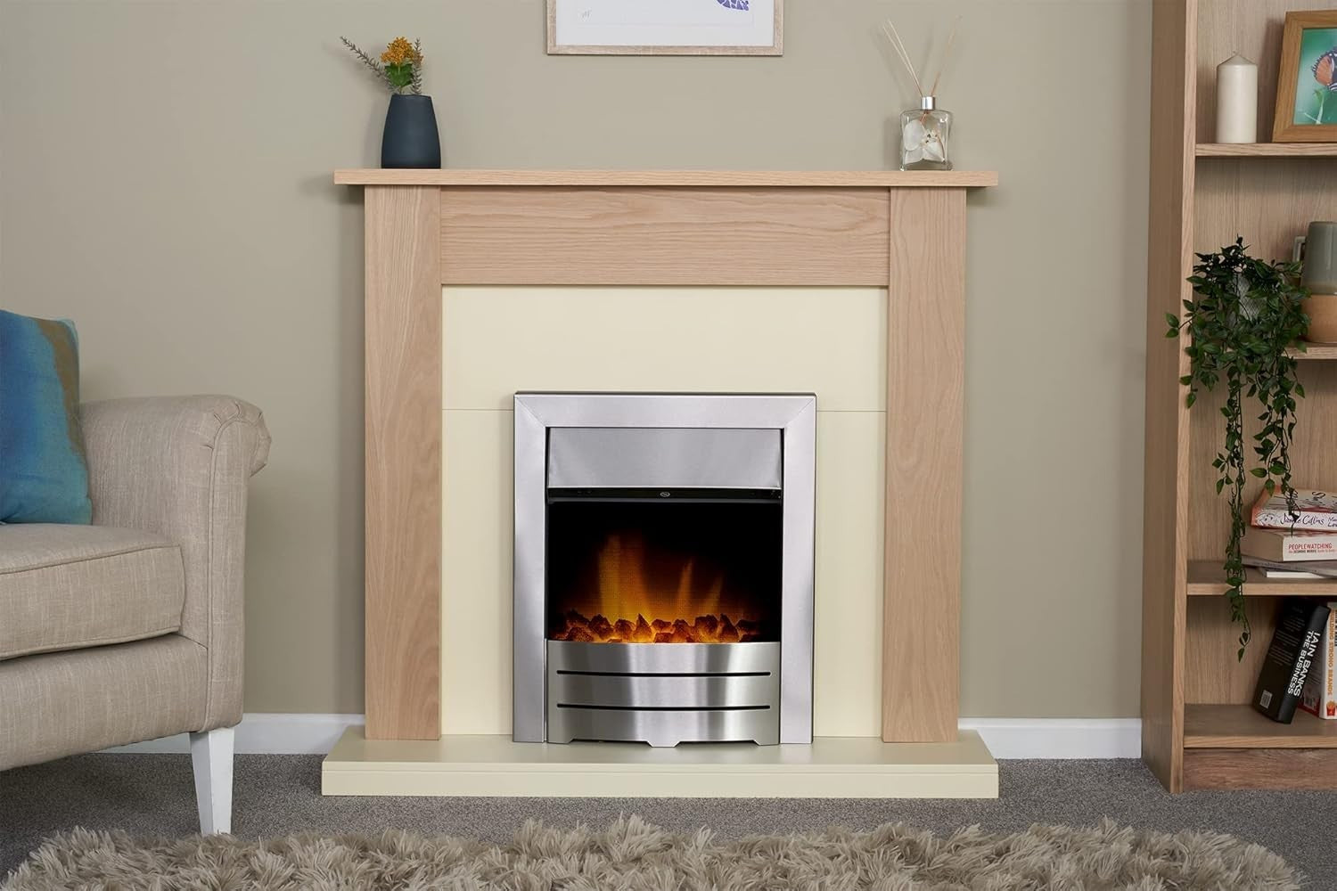 43" Oak Cream Wall Mounted Electric Fireplace 2kW Heater LED Flame Suite