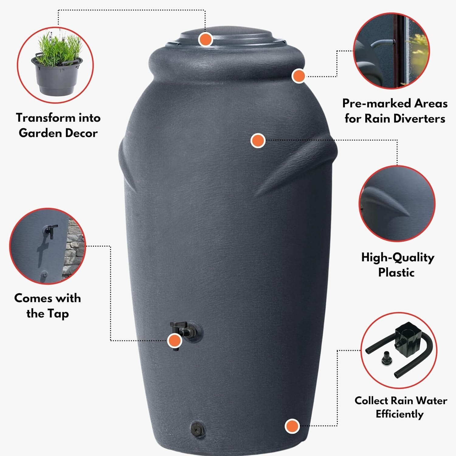 210L Amphora Water Butt With Tap Diverter Bio Cleaner Anthracite Garden