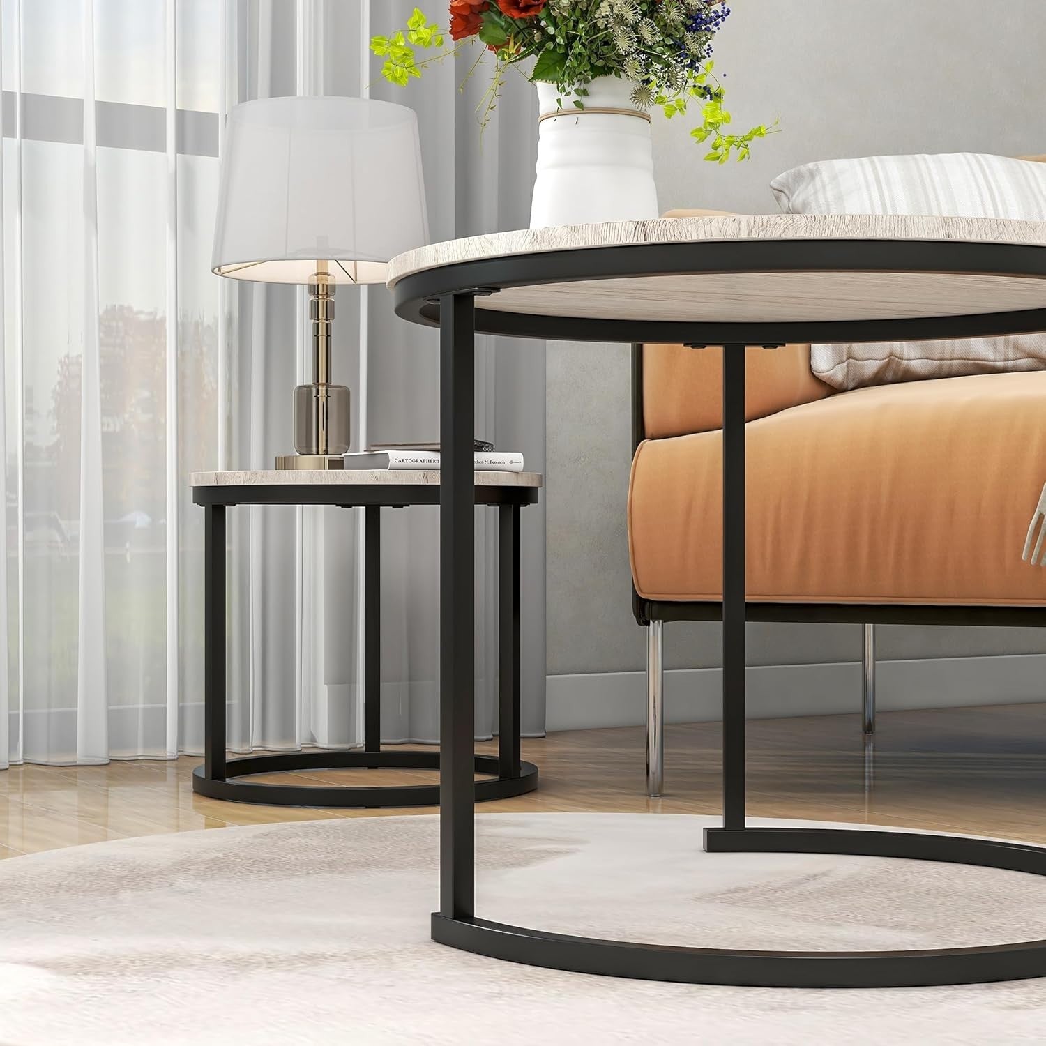 2-Piece Round Nesting Coffee Table Set with Oak Wood Top & Black Metal Frame