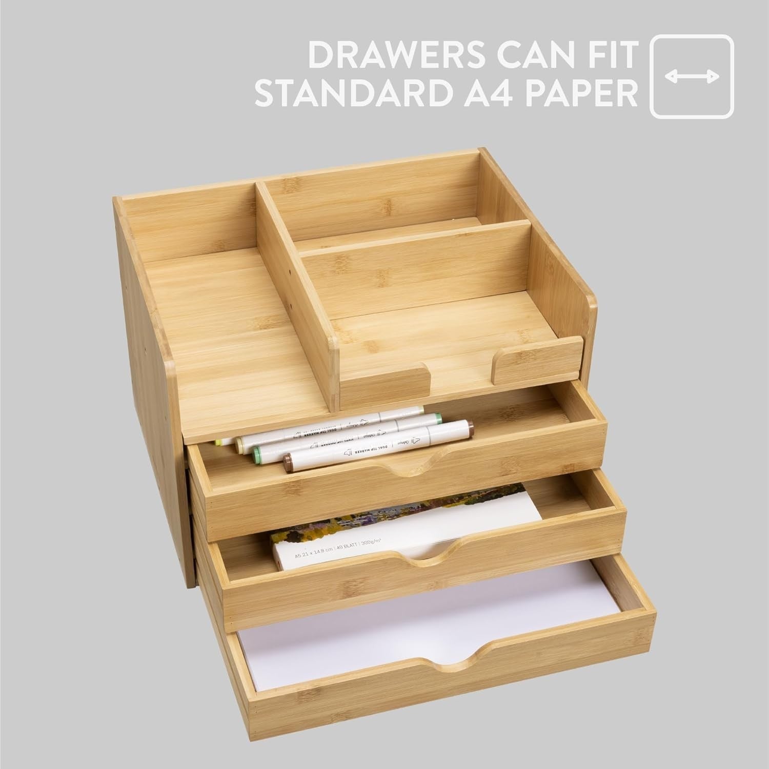 Bamboo Desk Organiser High Capacity Desktop Storage Drawers A4 Paper