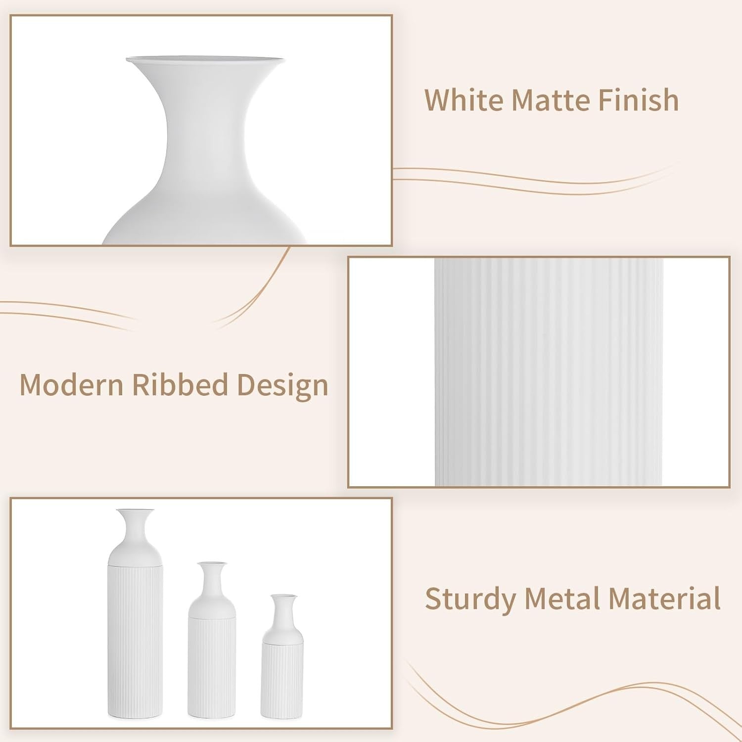 Tall White Metal Floor Vase Set Ribbed Modern Decor for Pampas Grass
