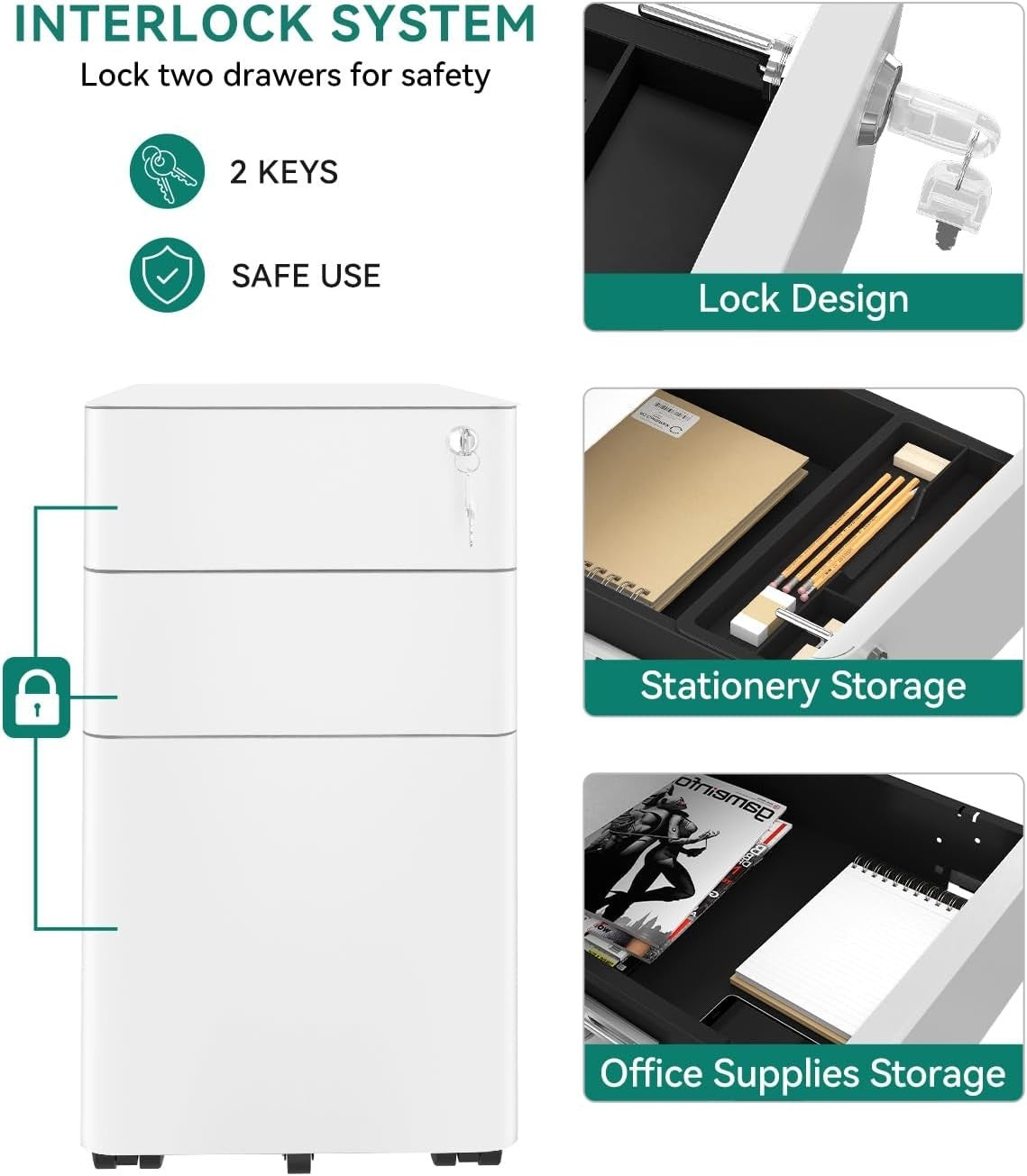 White Grey Metal Mobile Filing Cabinet 3 Drawer A4 Under Desk