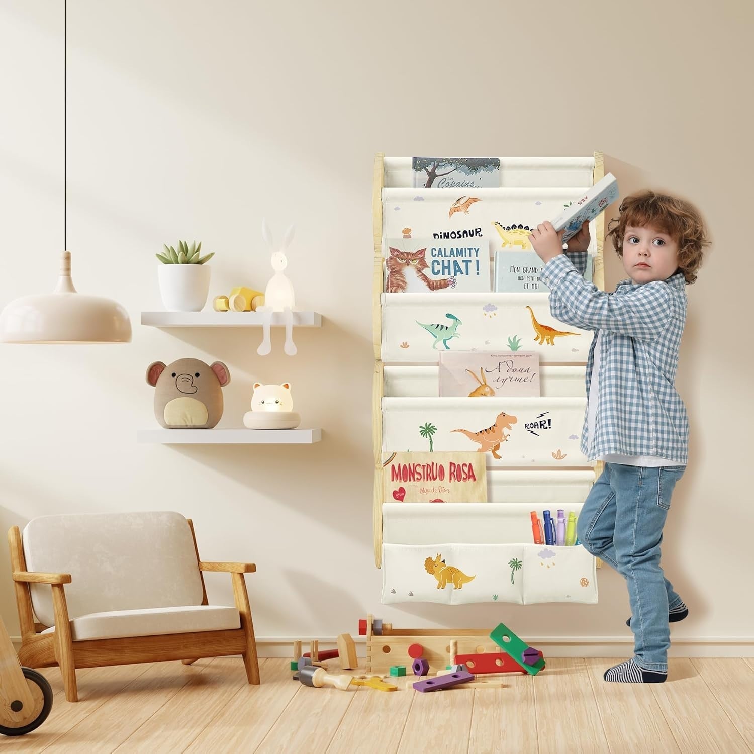 4-Tier Wall Mounted Kids Bookshelf with 3 Pockets & Fabric Sling, Dinosaur