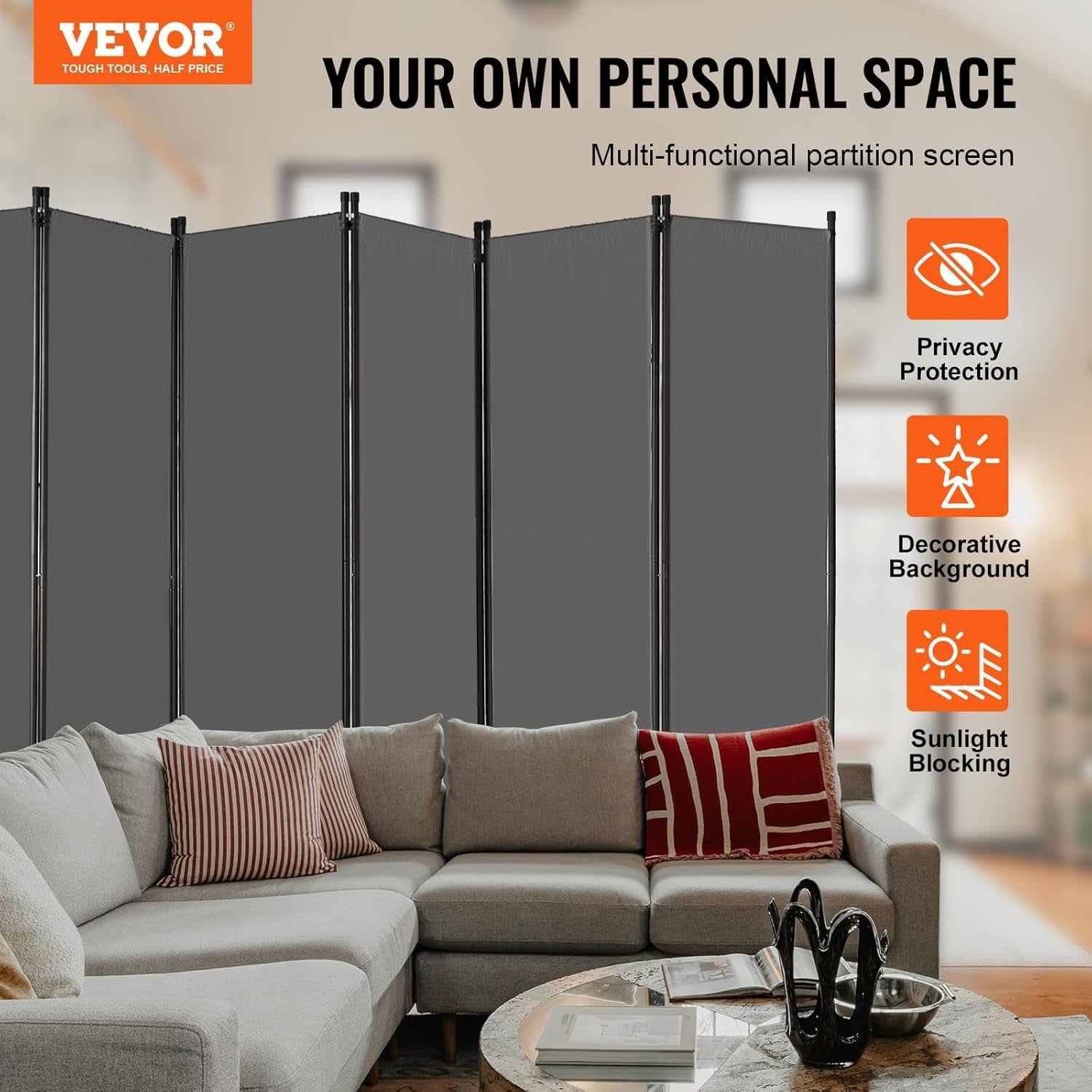 6 Panel Folding Room Divider Privacy Screen – Freestanding Partition Wall for Ho