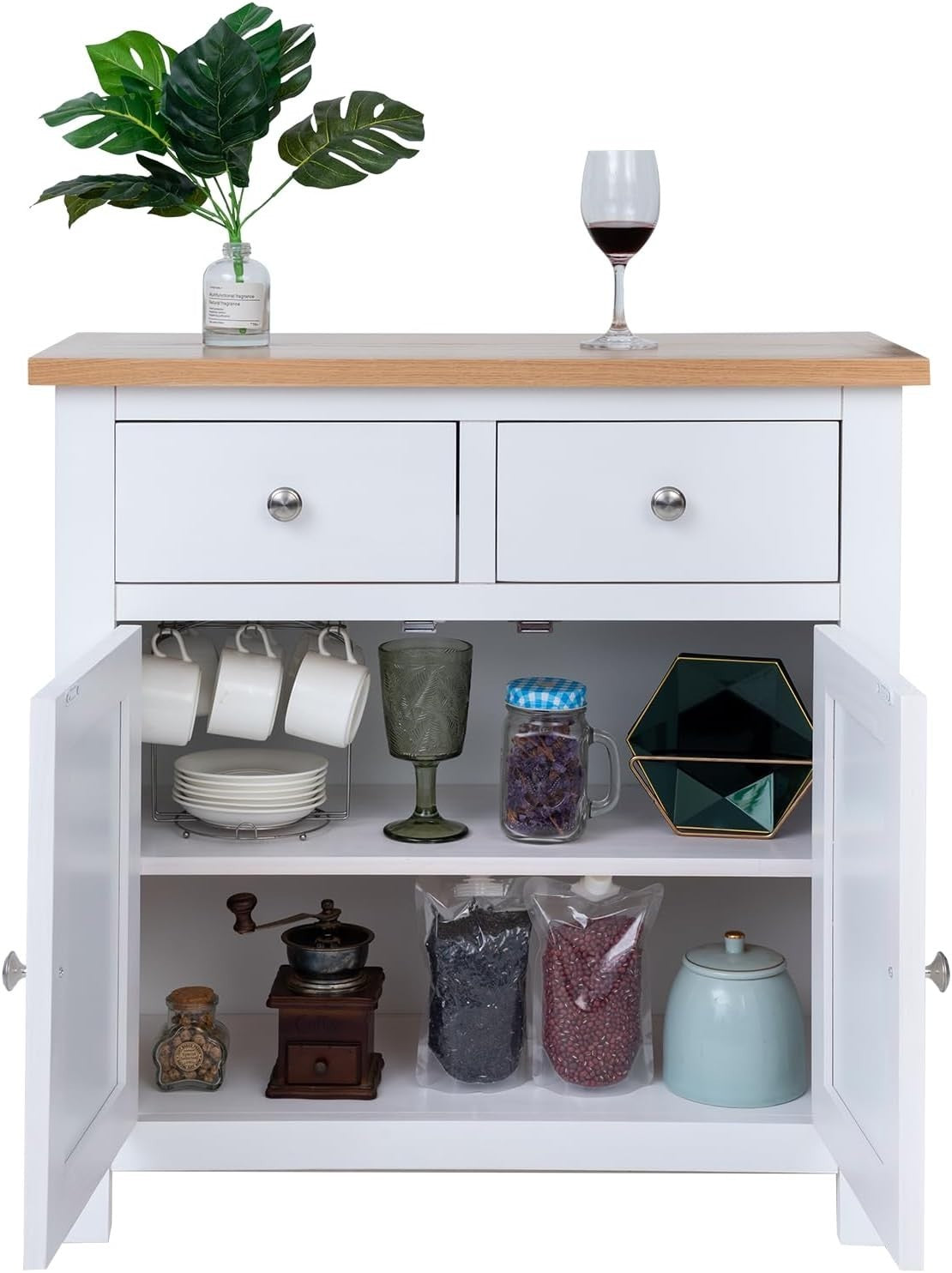 White Sideboard Cabinet Oak Top 2 Drawer 2 Door Storage Unit Hallway