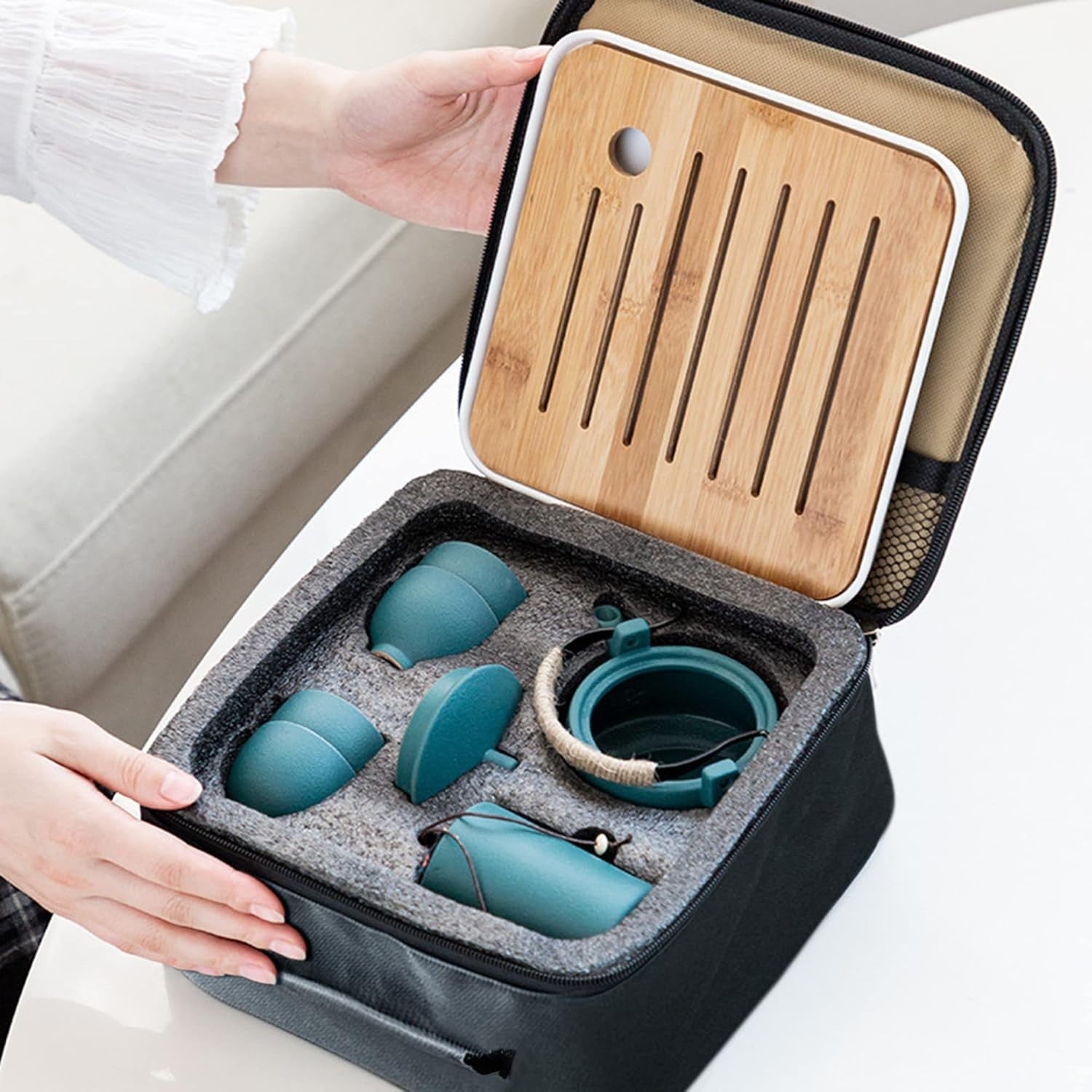 Portable Gongfu Tea Set Ceramic Teapot Cups Bamboo Tray Travel Bag