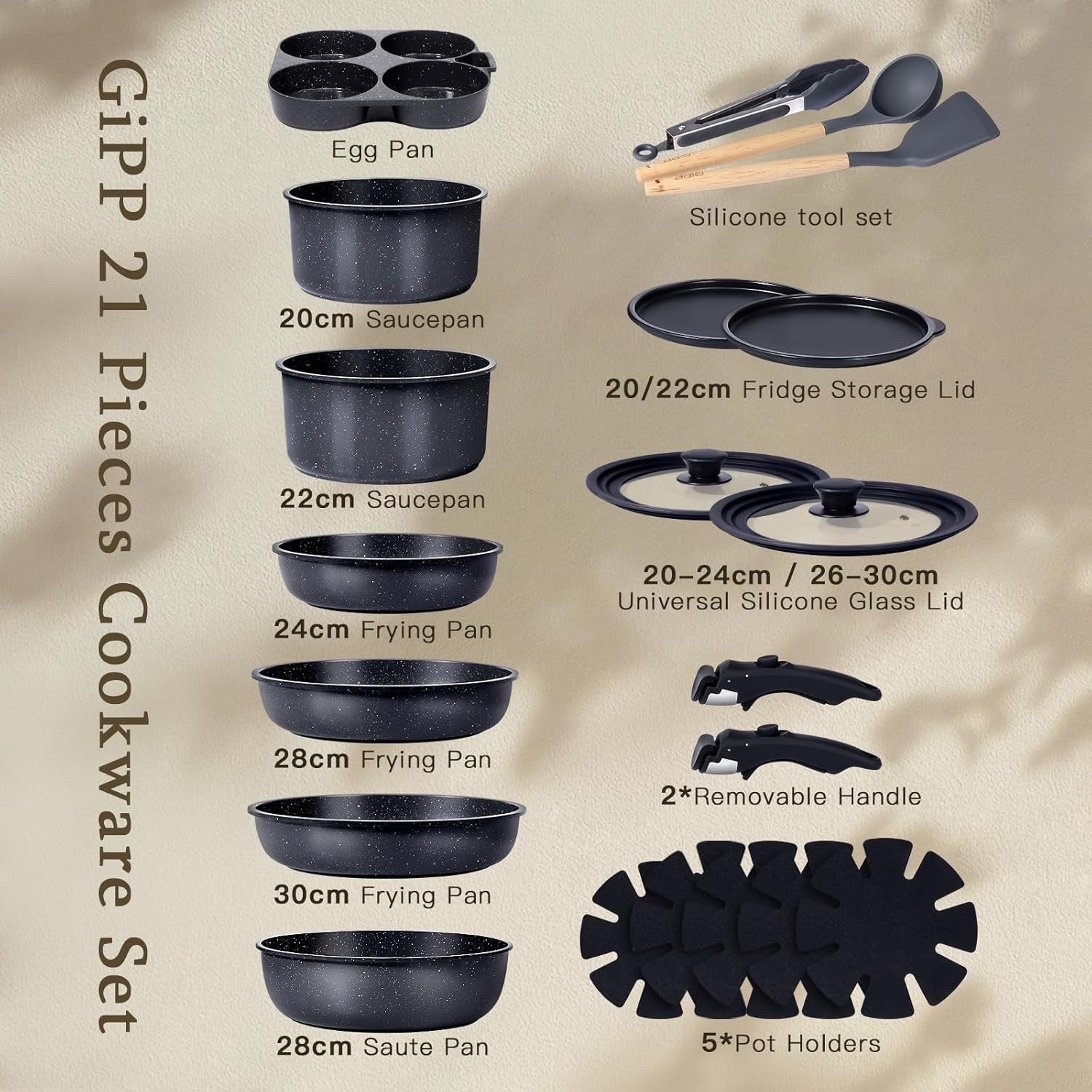 21Pcs Plus Black Non Stick Cookware Set with Removable Handles Induction Safe
