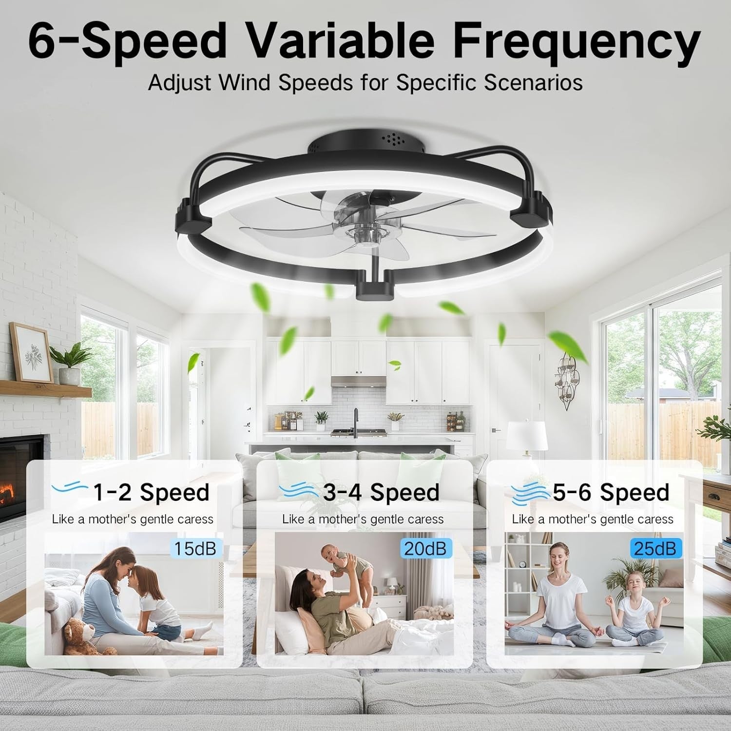 50CM Ceiling Fan with Light, 6-Speed, Remote, Reversible, Black, LED