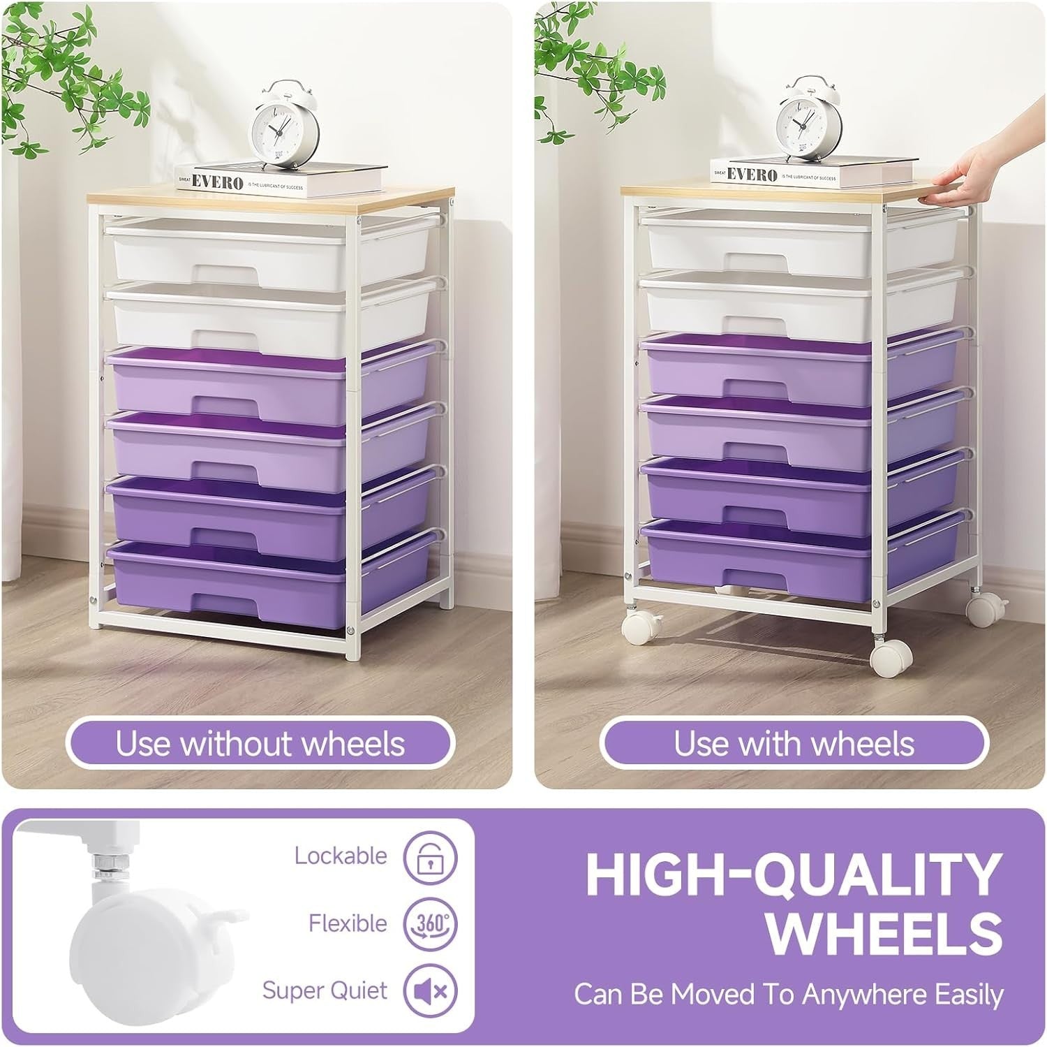 Purple 6 Drawer Rolling Storage Cart Utility Organizer Trolley Wheels