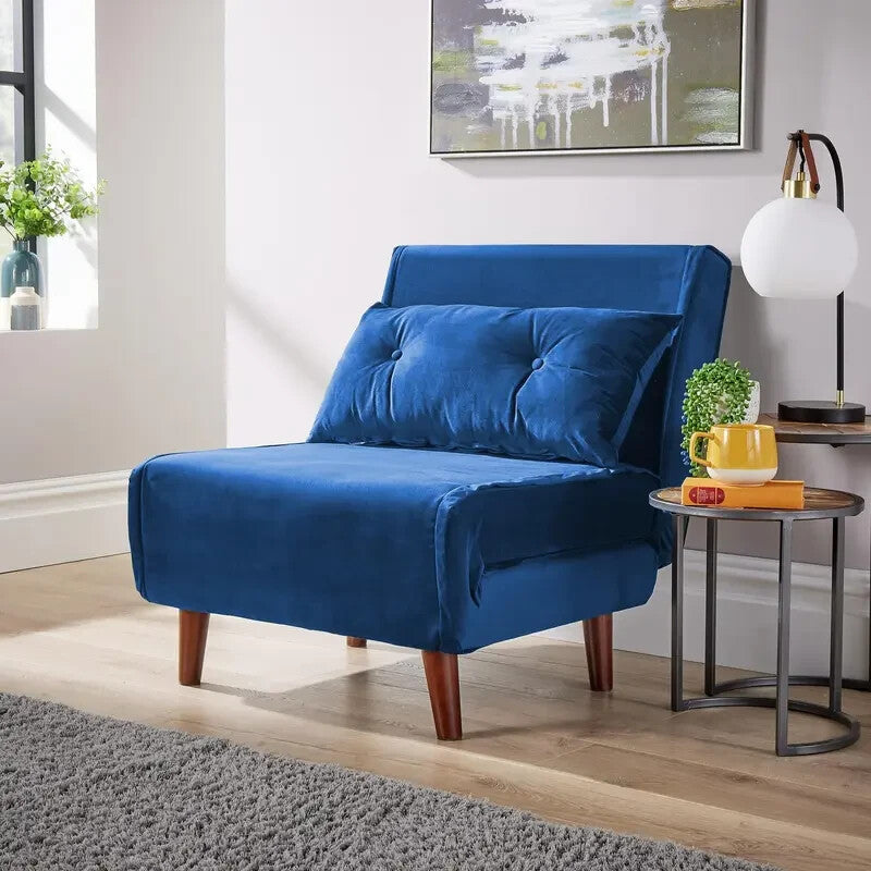 Blue Velvet Single Sofa Bed Chair Folding Seat Guest Sleeper with Pillow