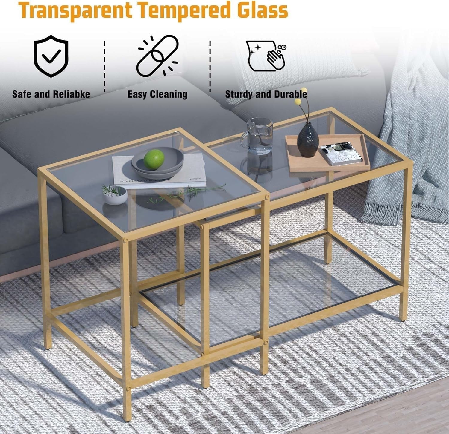 Glass Nesting Coffee Table Set 2 Side End Tables Modern Metal Frame Space Saving