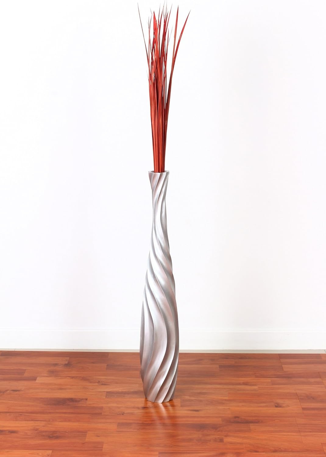 Silver Curved Floor Vase 65cm Tall Wooden Decor for Pampas Grass