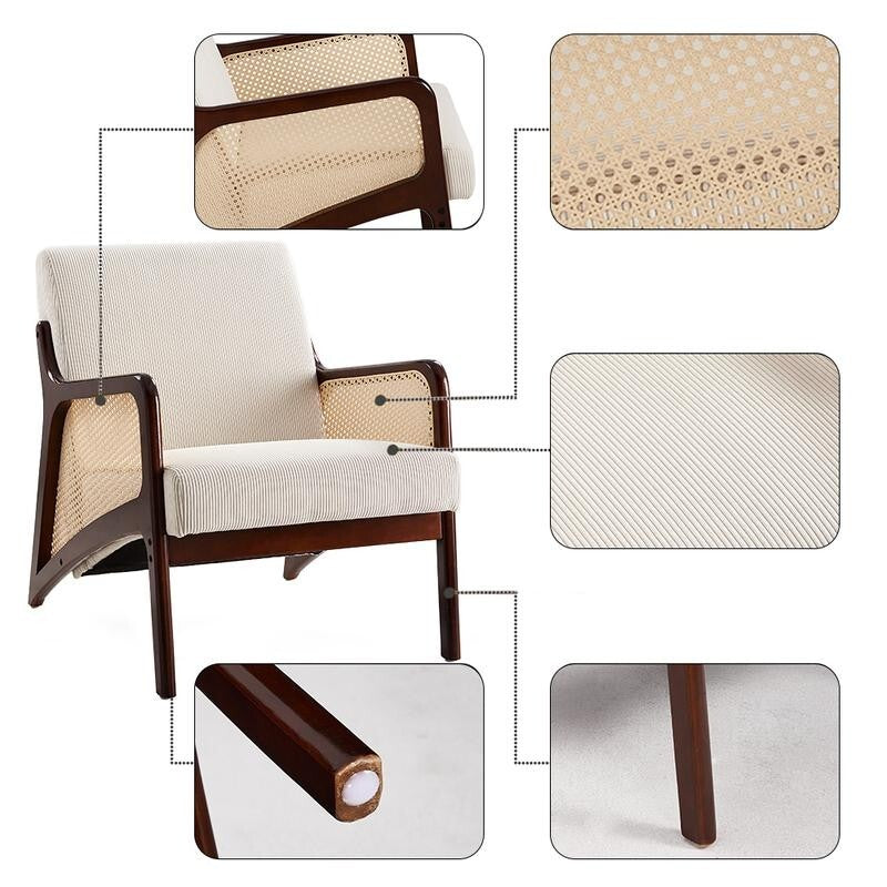Beige Corduroy Accent Armchair Rattan Wood Lounge Chair Mid Century