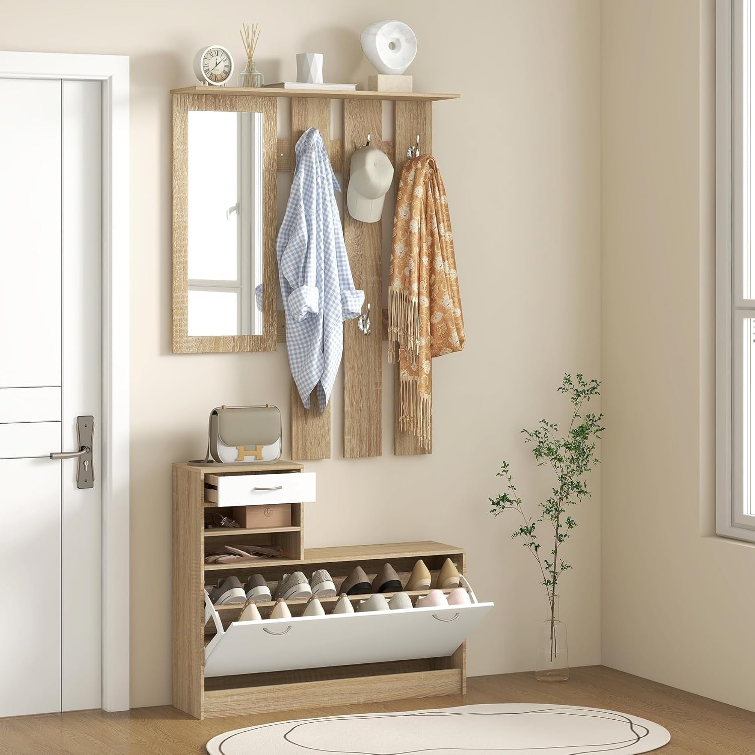 Natural Wood Hallway Furniture Set with Shoe Cabinet, Mirror & Coat Hooks