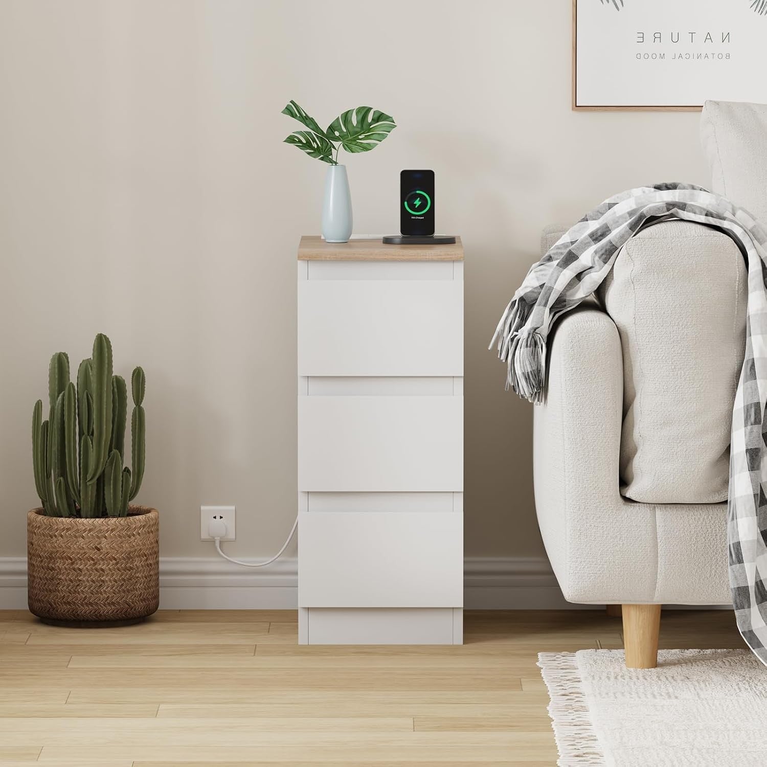 Slim Bedside Table with USB Charging Ports, 3-Drawer Narrow Nightstand White