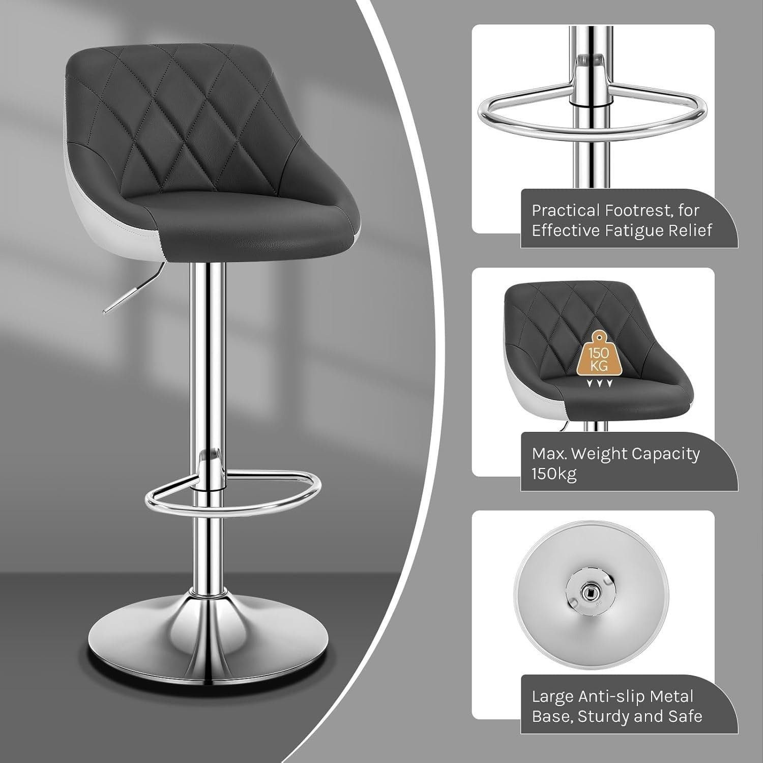 Grey+White Swivel Bar Stool – Adjustable Velvet Seat with Footrest
