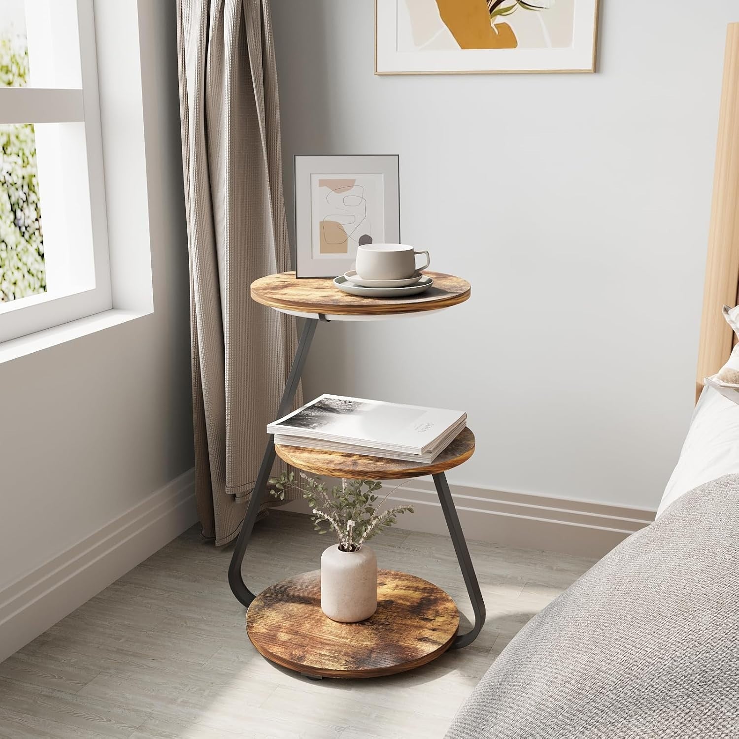 Round Side Table with LED Lights & 3 Tiers – End Bedside Coffee Table