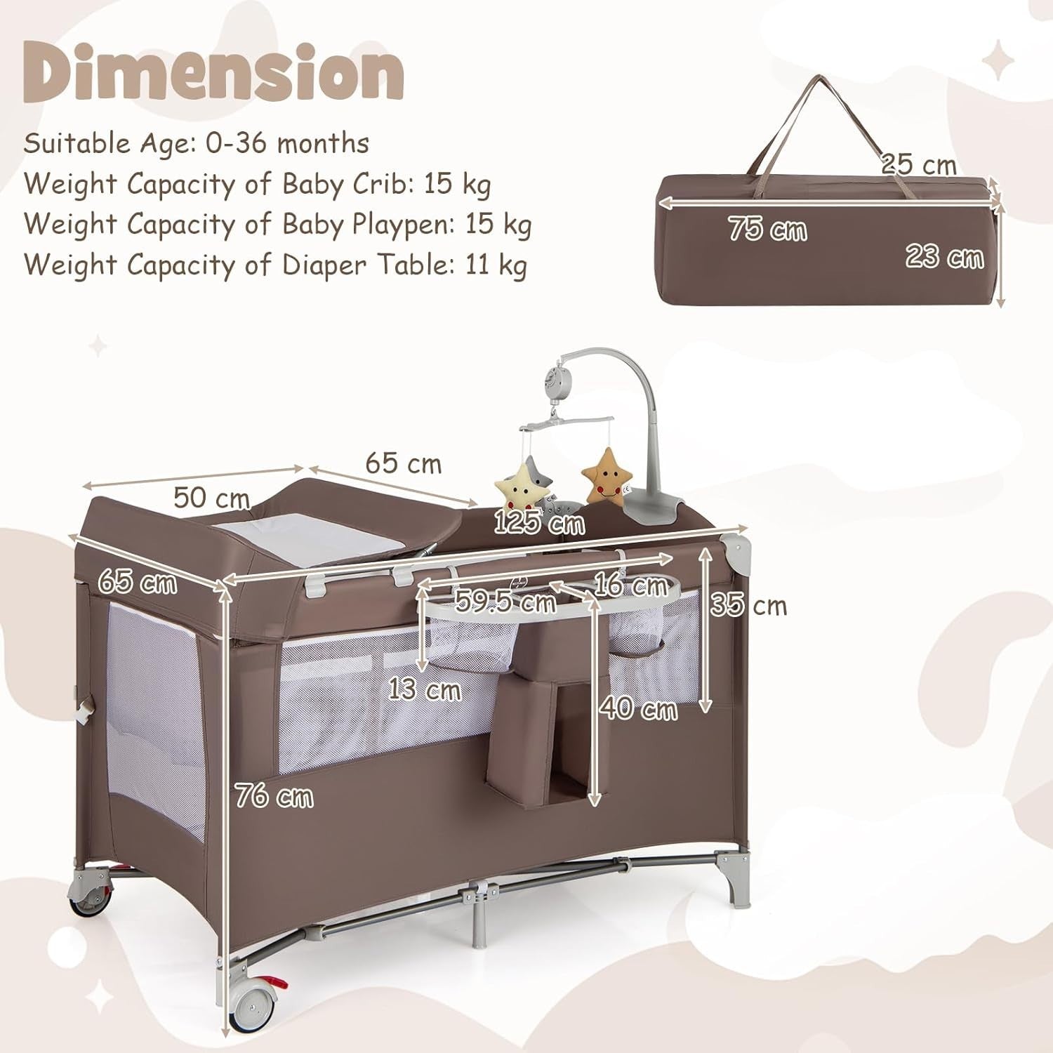 5in1 Baby Travel Cot Bedside Crib Bassinet w/ Mattress Changer Music Toys Brown