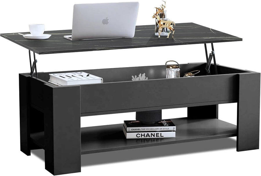 Lift Top Coffee Table with Hidden Storage & Shelf Grey Marble 120x60cm