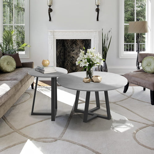Luxury Nesting Coffee Table Marble Look Sintered Stone Black Metal Grey 80x80cm