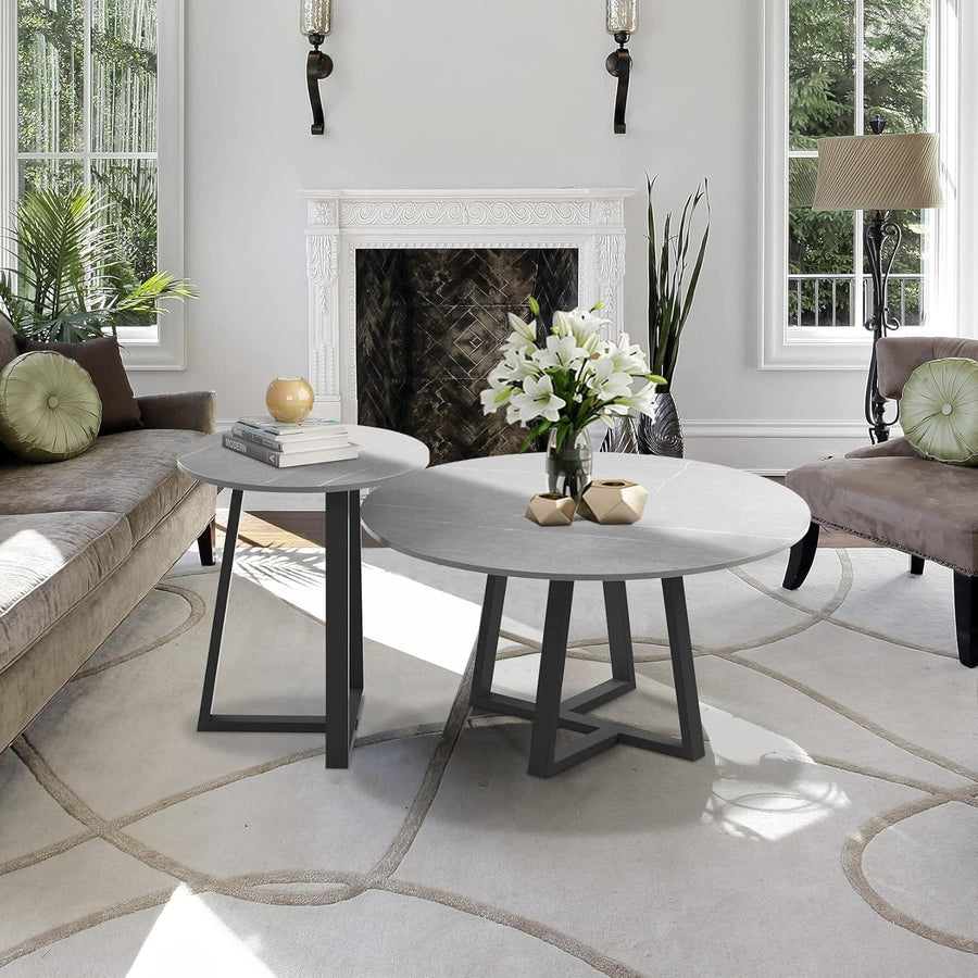 Luxury Nesting Coffee Table Marble Look Sintered Stone Black Metal Grey 80x80cm