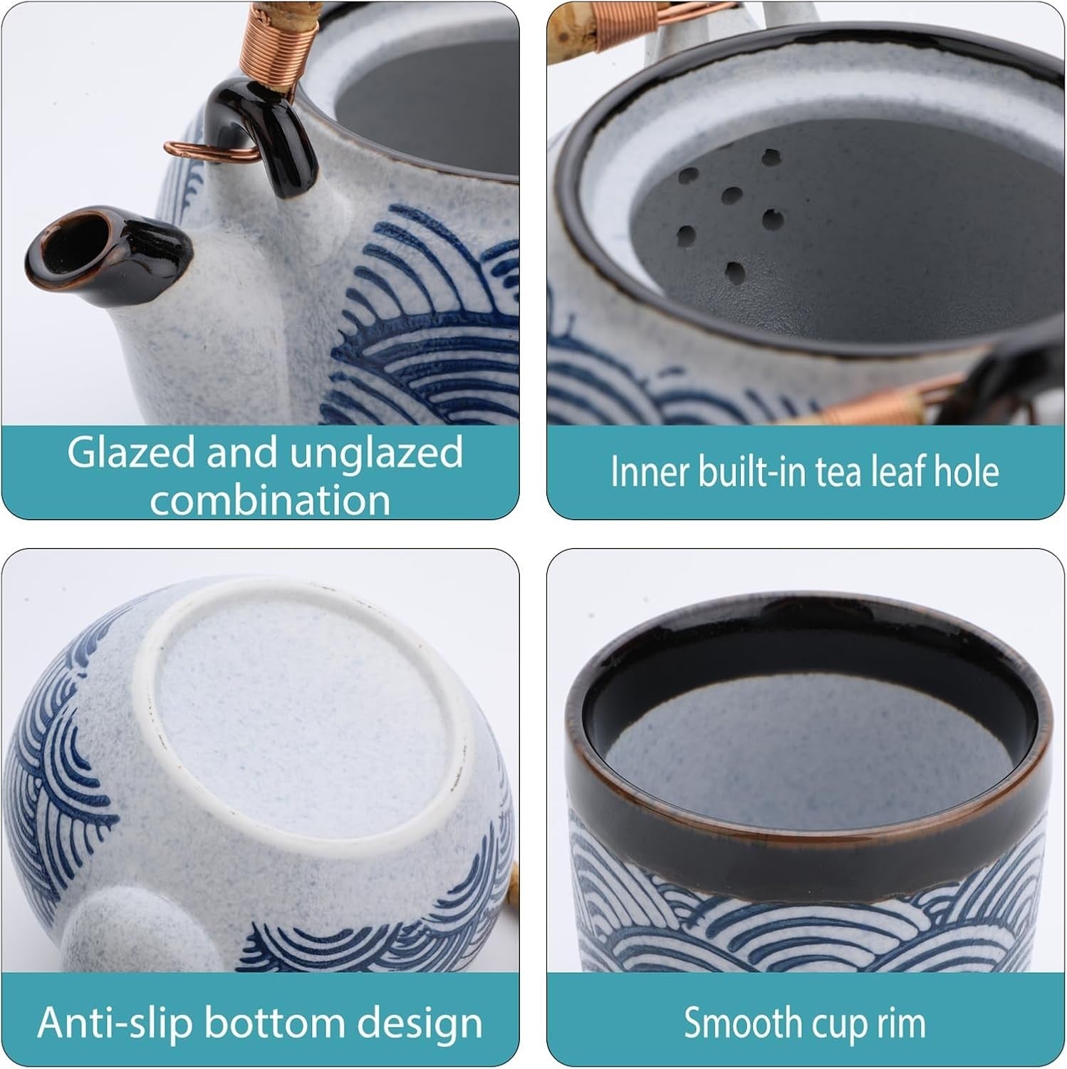 Chinese Tea Set Blue Ceramic Teapot 2 Cups Loose Leaf Tea Gift Set