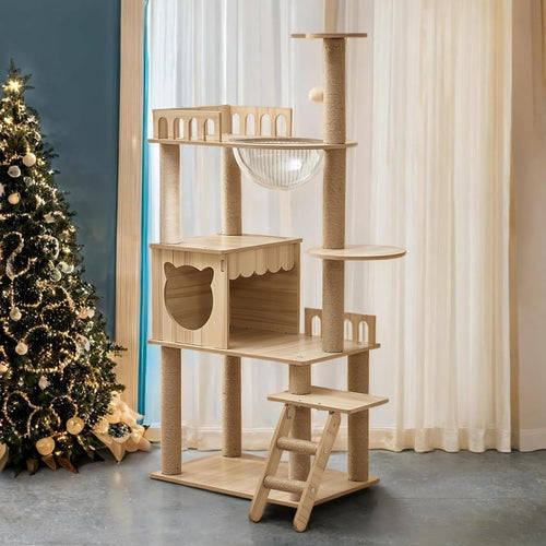 135cm Wooden Cat Tree Tower Condo Stairs Sisal Posts Modern Indoor Cats