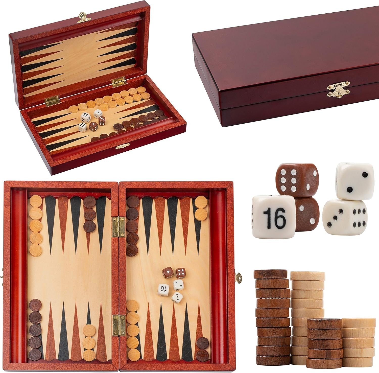 Classic Wooden Backgammon Set Compact Board Game with Dice Cups Case