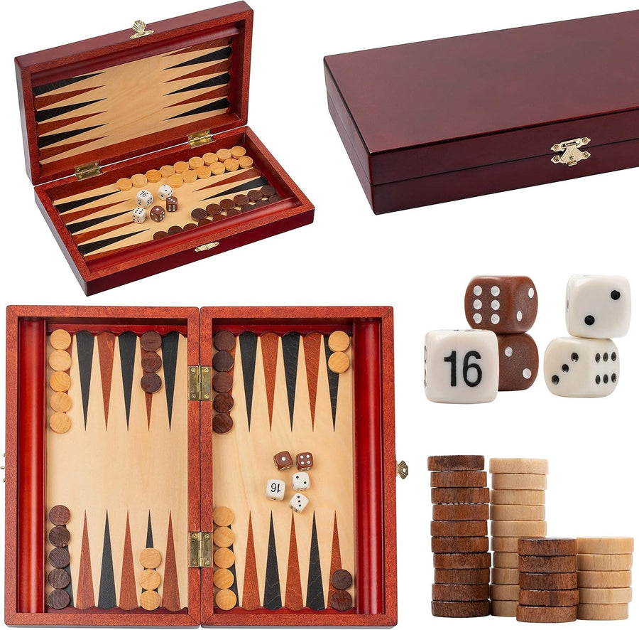 Classic Wooden Backgammon Set Compact Board Game with Dice Cups Case