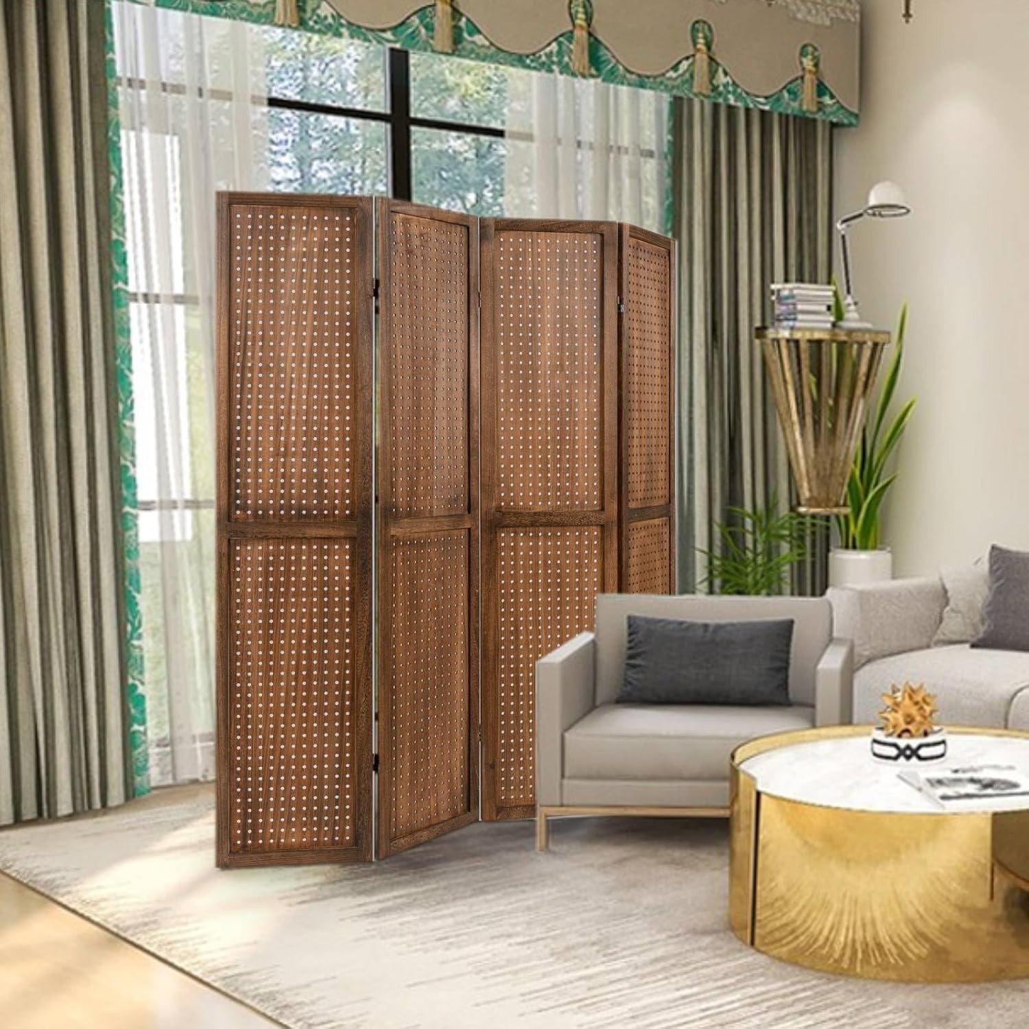 4 Panel Wooden Room Divider Folding Privacy Screen Pegboard Partition 160x170cm