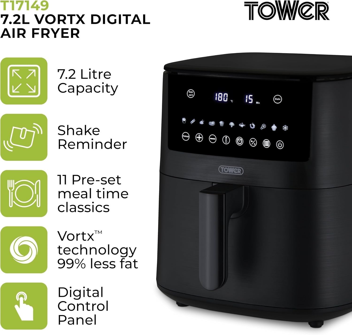 7.2L Digital Air Fryer 11 Presets 1650W 60min Timer Shake Reminder