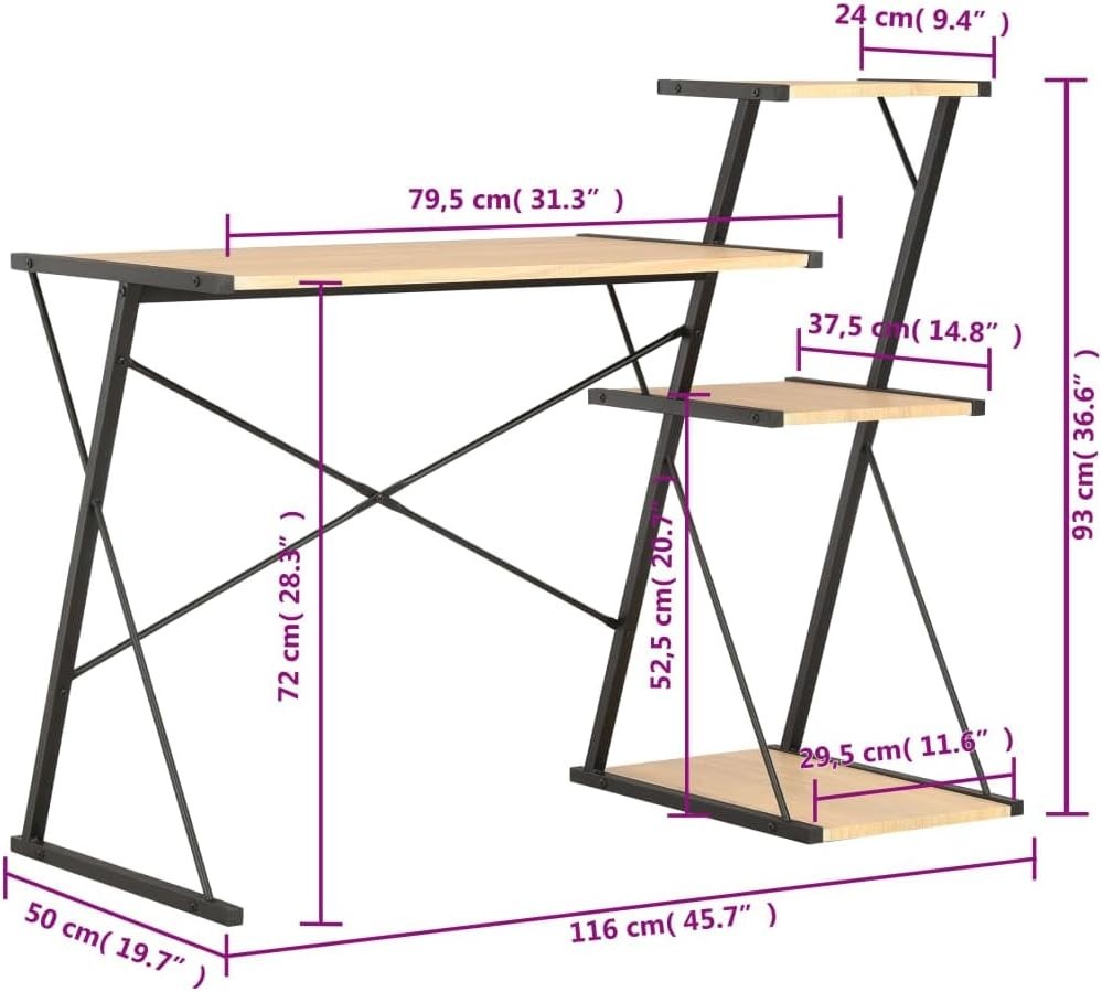 Z-Shaped Computer Desk with Shelves 116x50x93cm Black + Oak Home Office Table